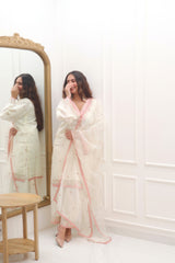 Sharmin Panjwani in Moghra - Ivory White Chanderi Embroidered Suit Set.