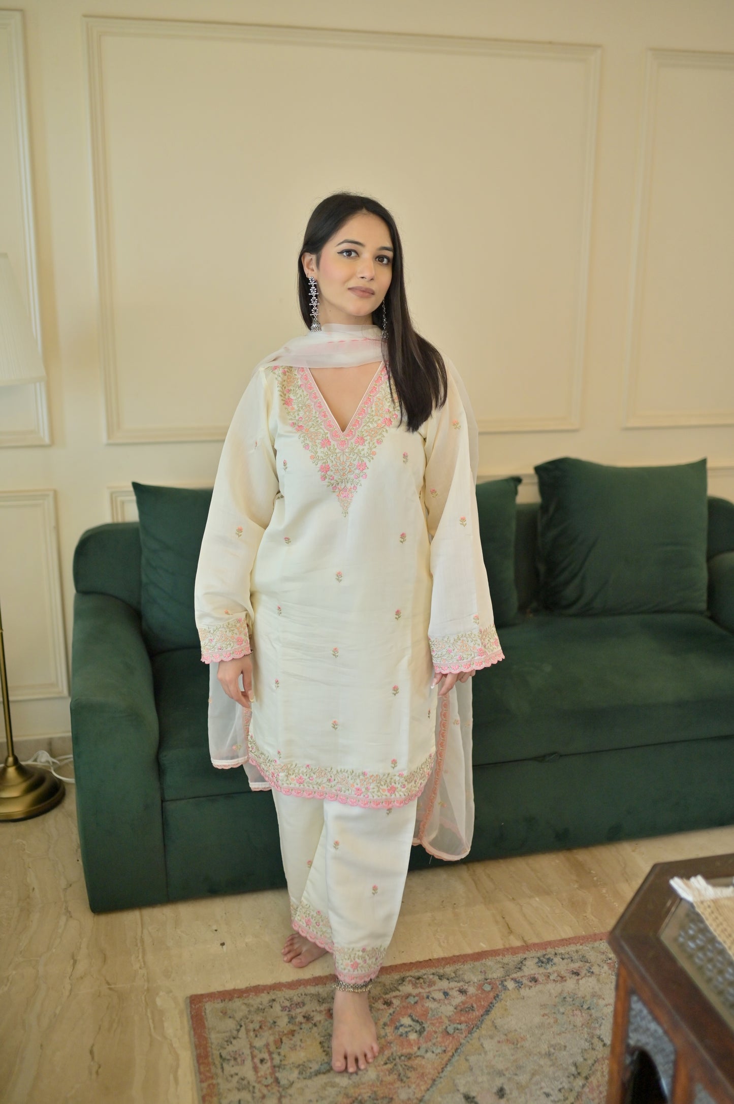 Antara Asthana in Moghra - Ivory White Chanderi Embroidered Suit Set.