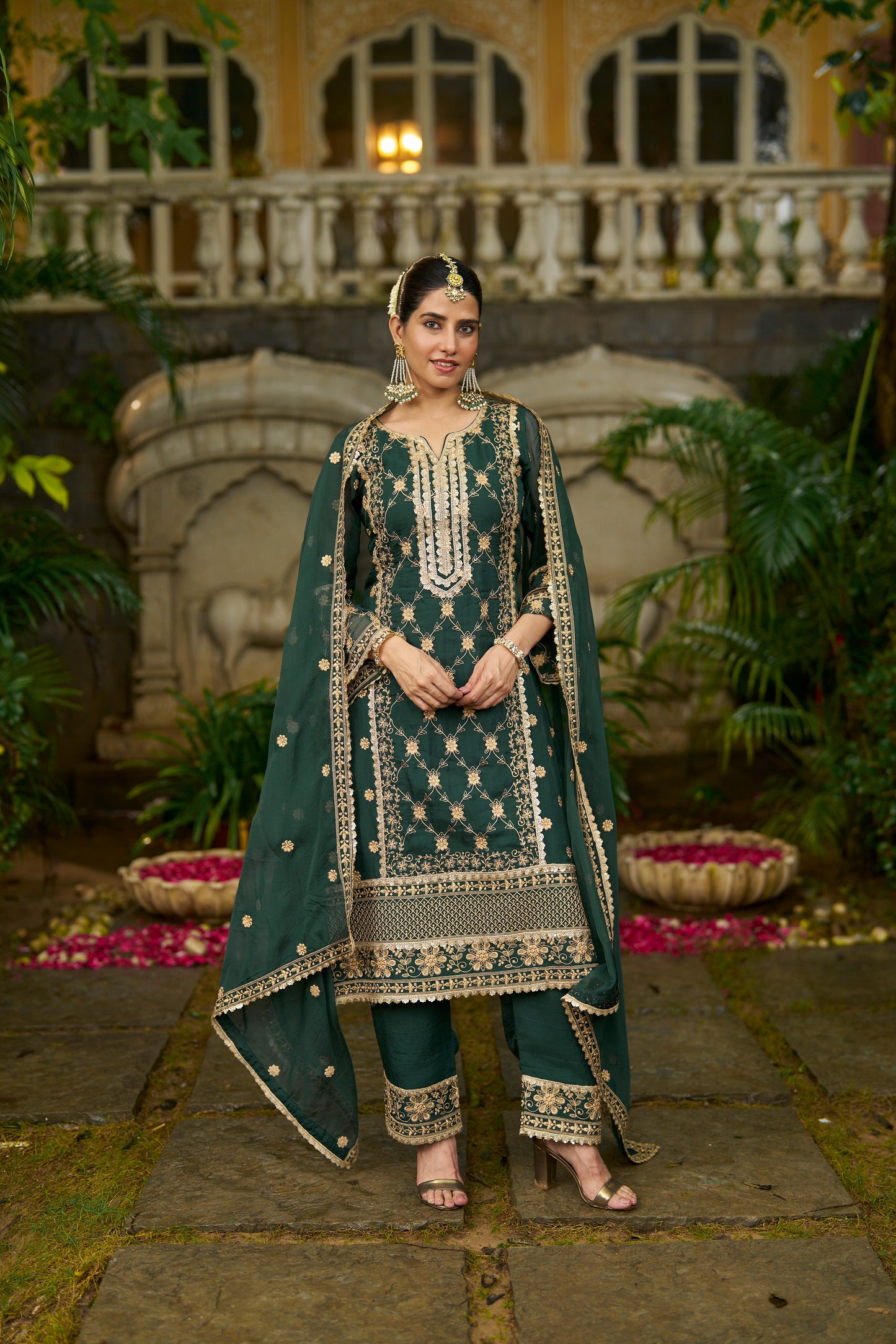 ISHITA - Green Organza A-line Suit Set