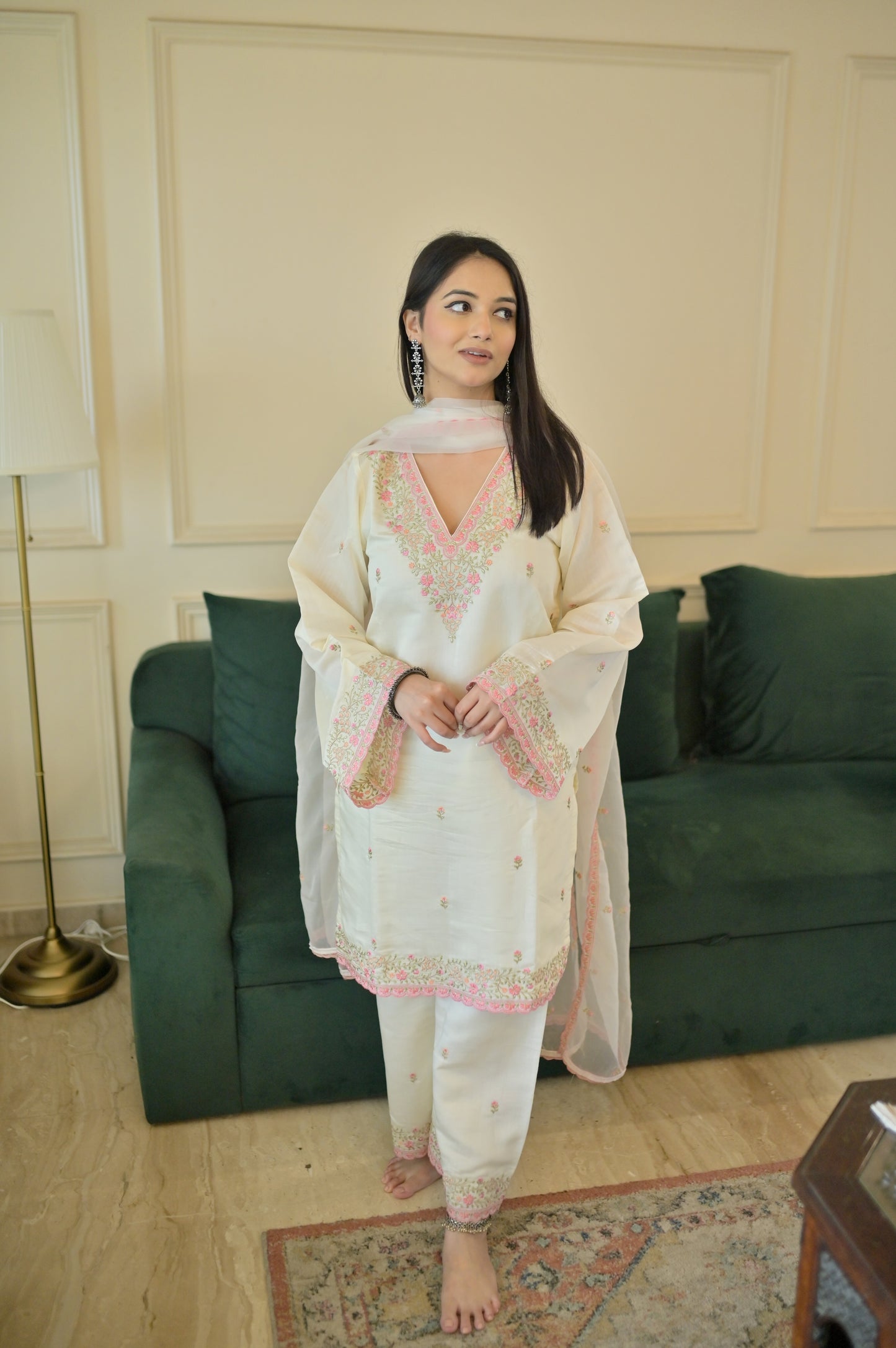 Antara Asthana in Moghra - Ivory White Chanderi Embroidered Suit Set.