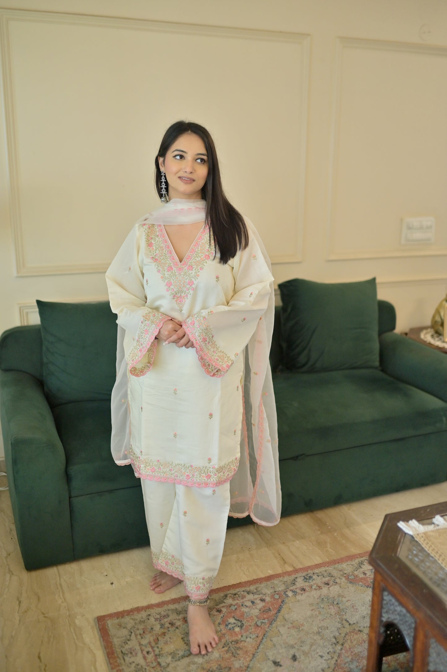 Antara Asthana in Moghra - Ivory White Chanderi Embroidered Suit Set.