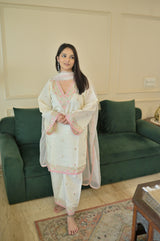 Antara Asthana in Moghra - Ivory White Chanderi Embroidered Suit Set.