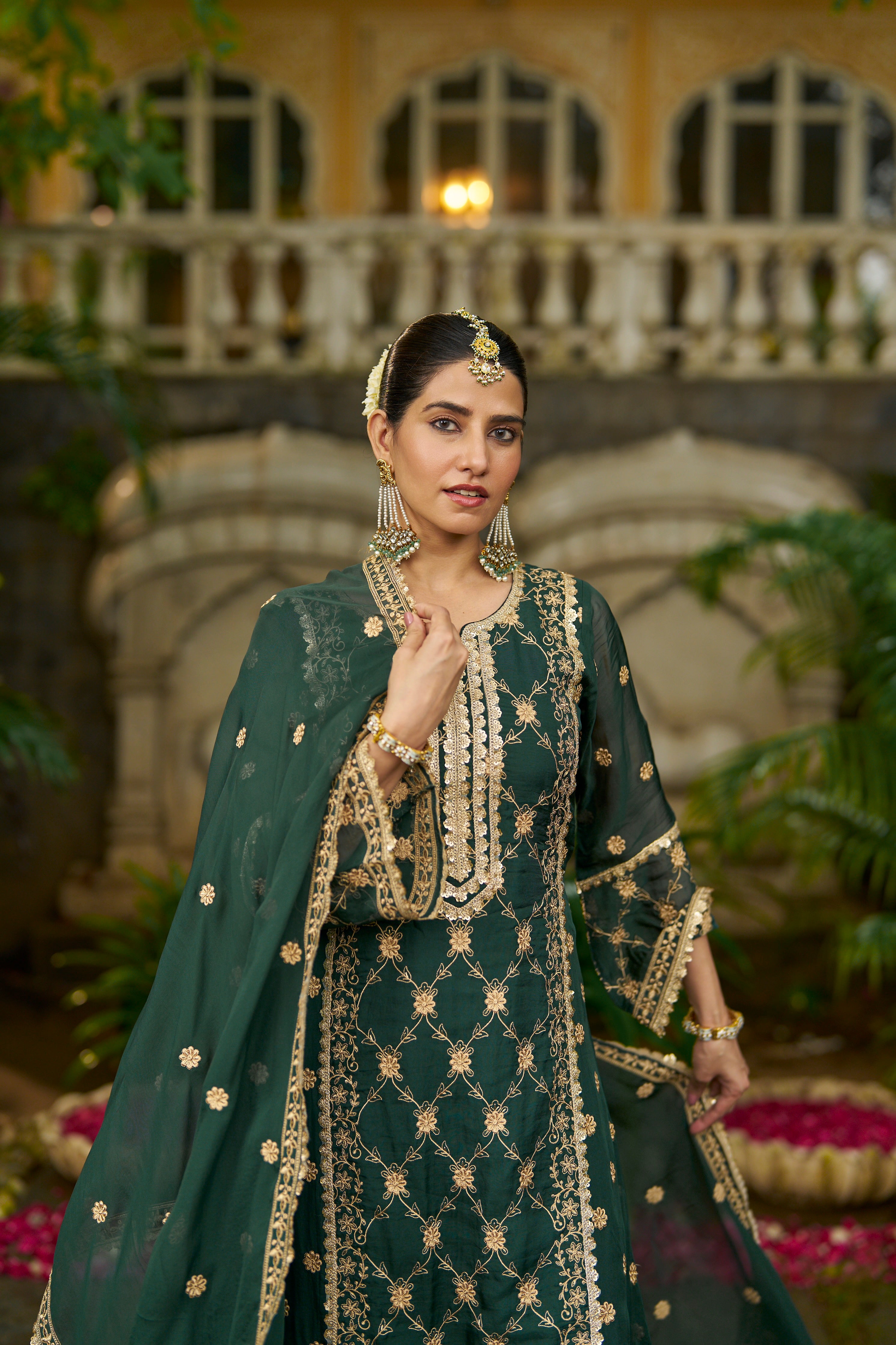 ISHITA - Green Organza A-line Suit Set