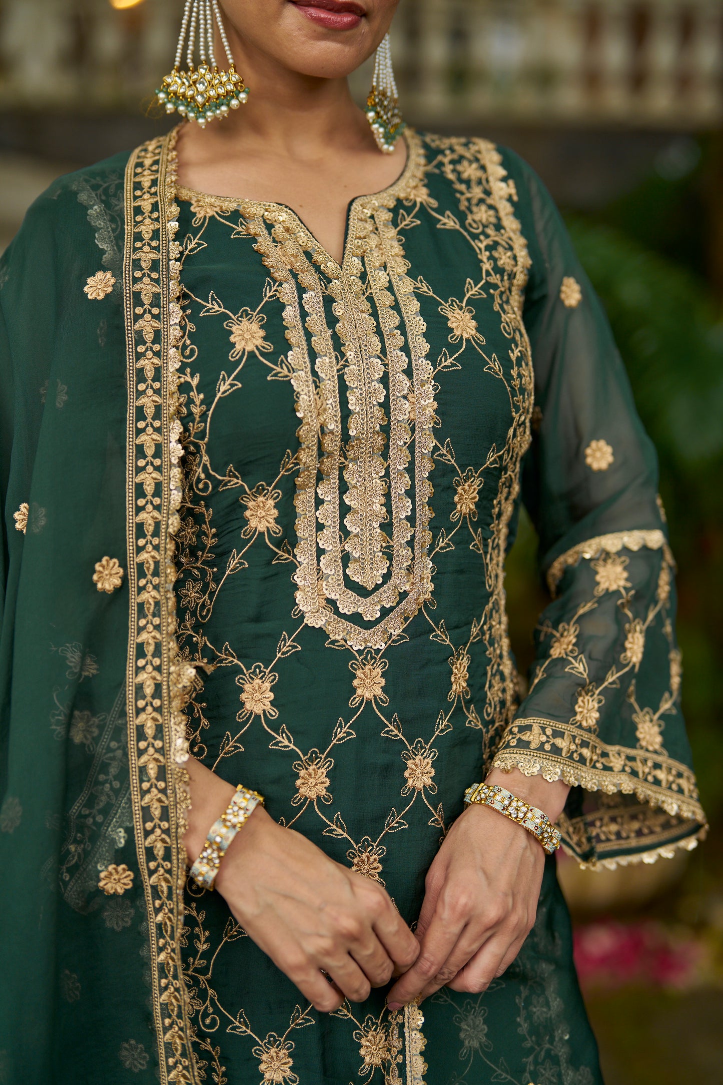 ISHITA - Green Organza A-line Suit Set