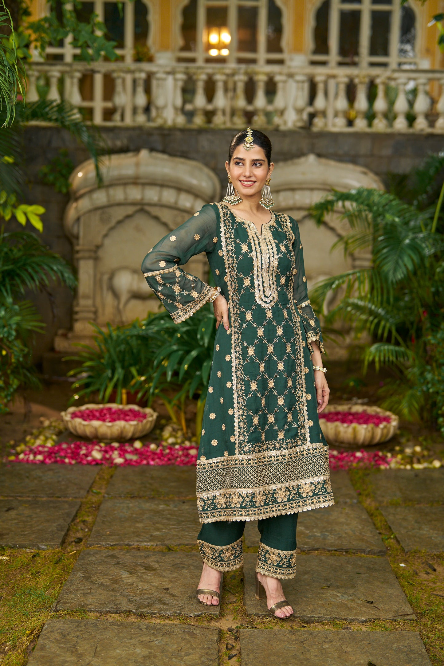 ISHITA - Green Organza A-line Suit Set