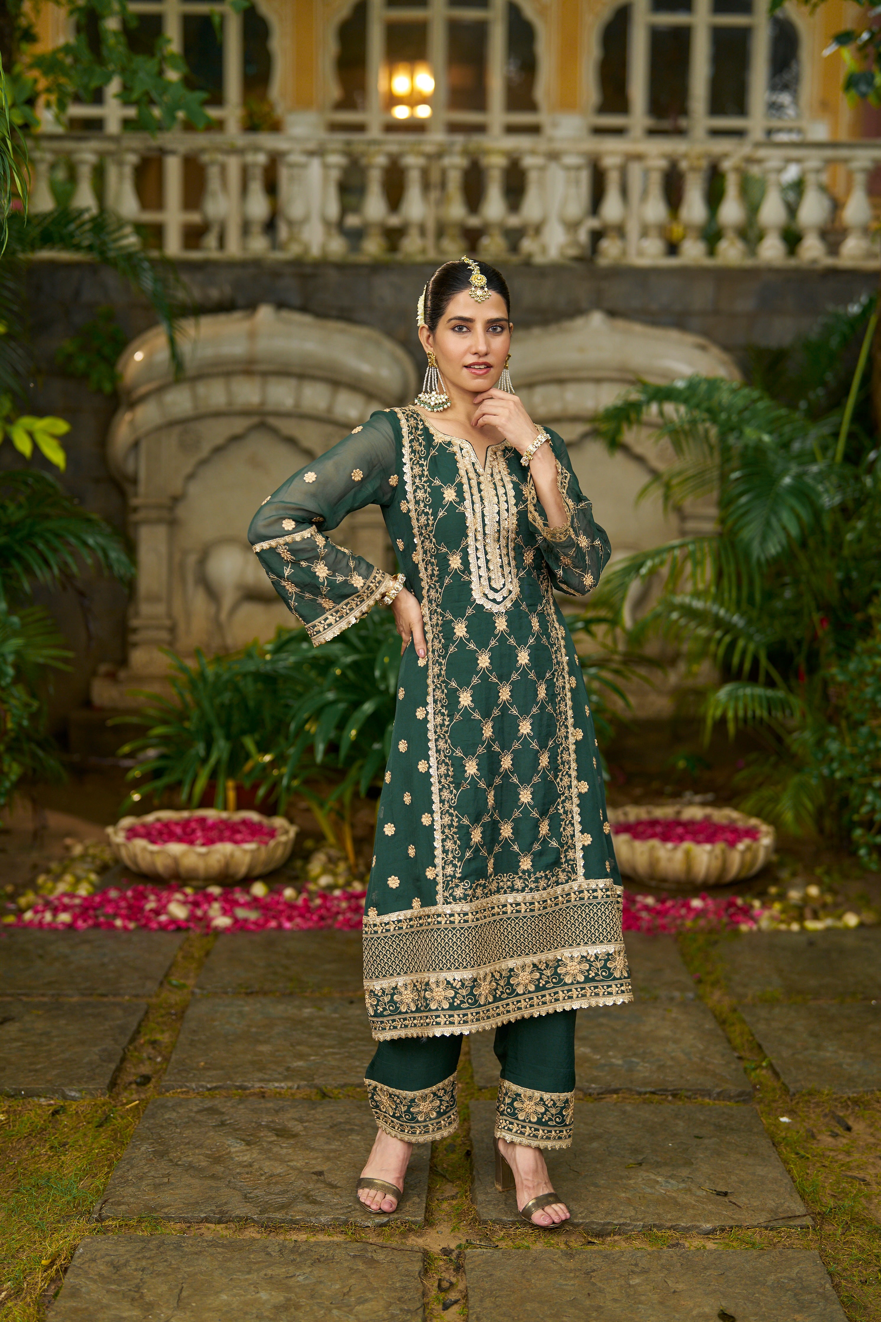 ISHITA - Green Organza A-line Suit Set