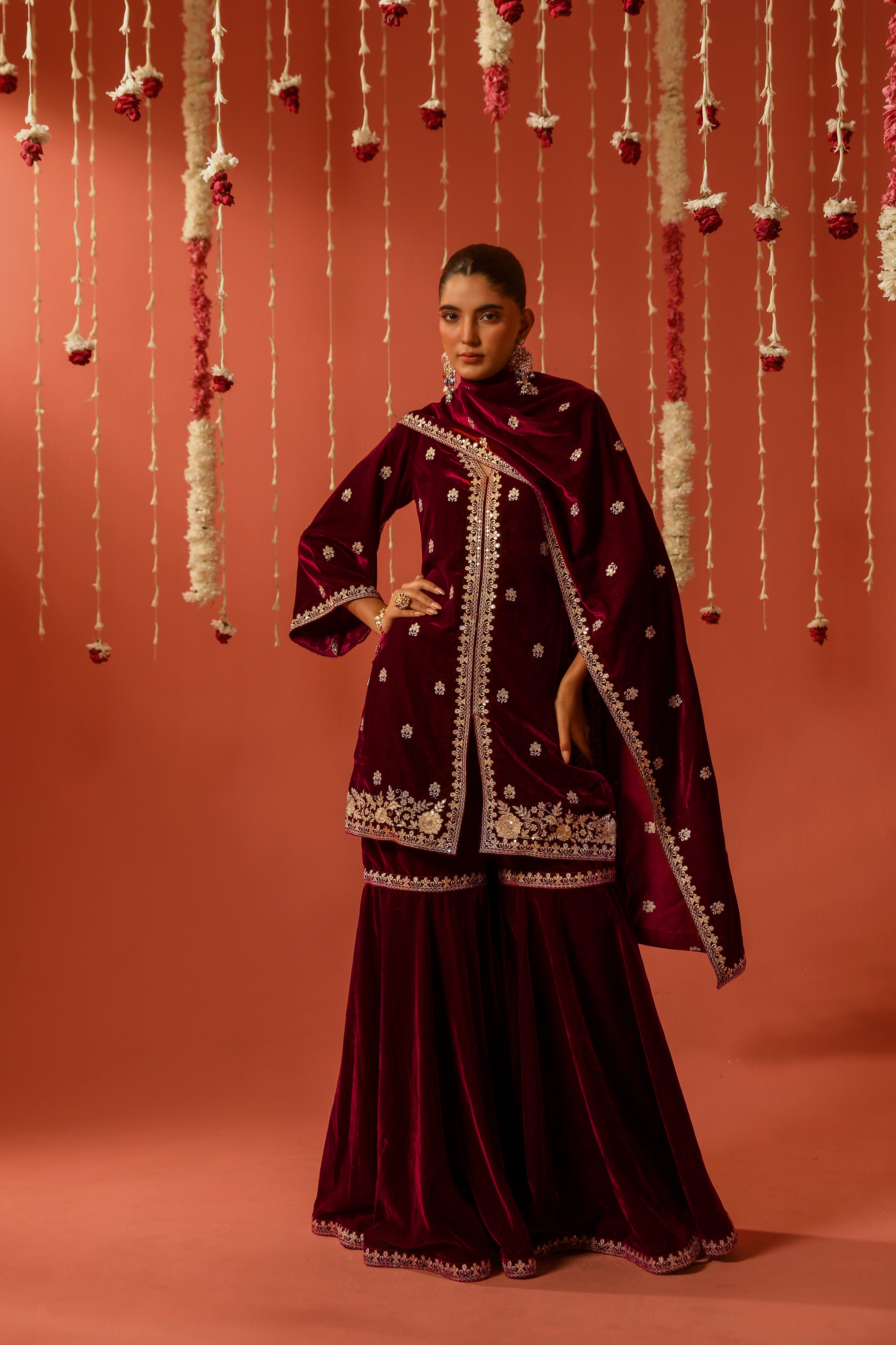 Sahiba Bali in DHUN - Velvet Maroon Sharara Set