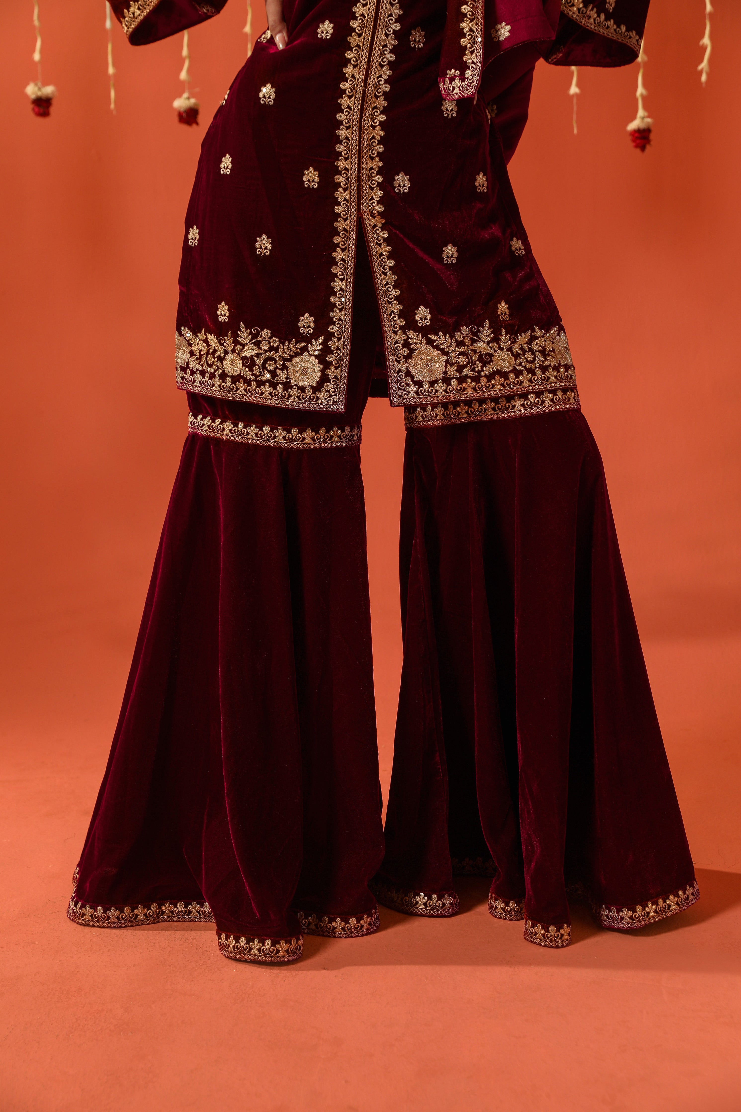 Sahiba Bali in DHUN - Velvet Maroon Sharara Set