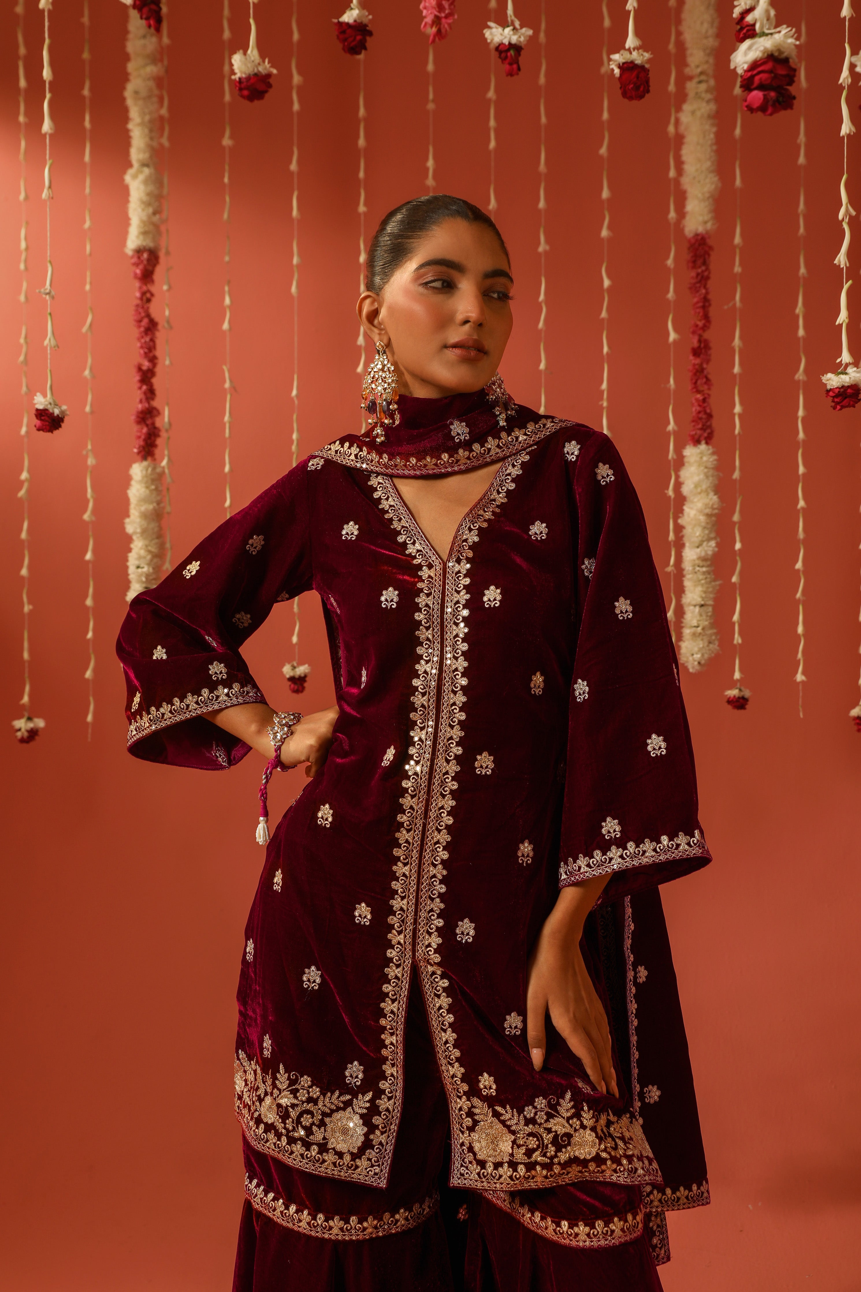 Sahiba Bali in DHUN - Velvet Maroon Sharara Set