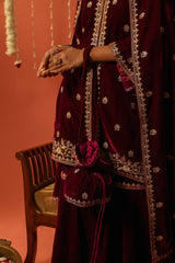 Sahiba Bali in DHUN - Velvet Maroon Sharara Set