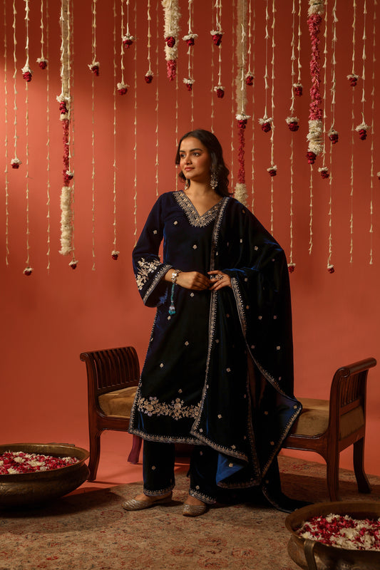 ROOHI - Velvet Blue Straight Suit Set