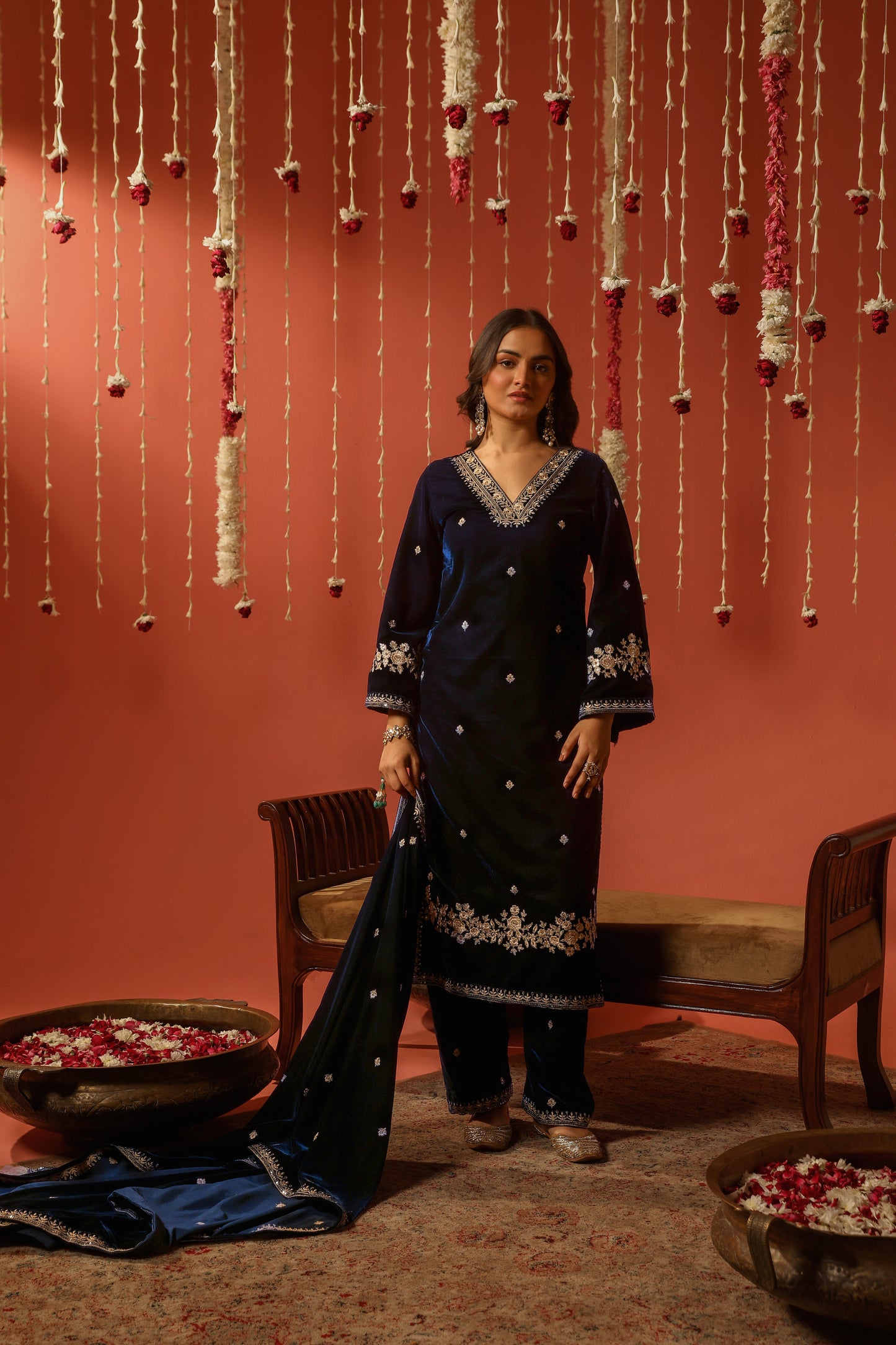 ROOHI - Velvet Blue Straight Suit Set