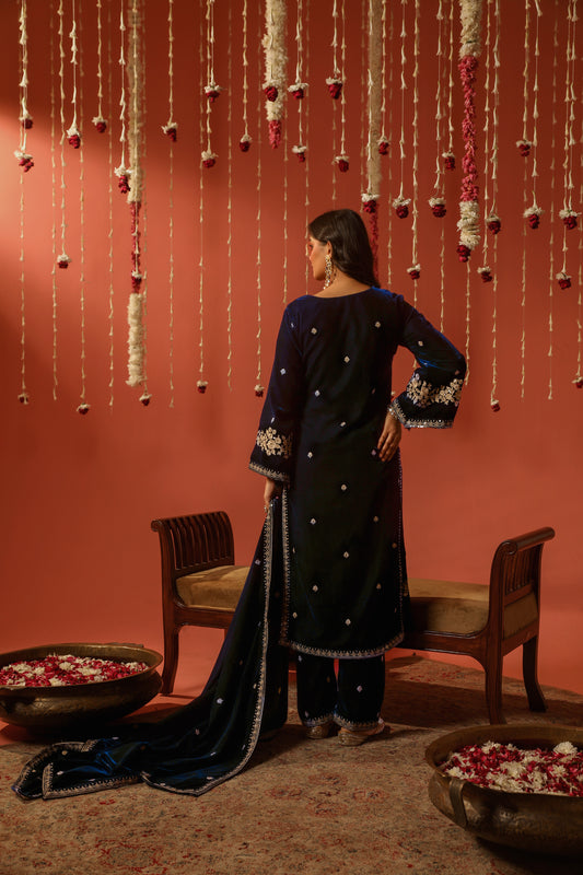 ROOHI - Velvet Blue Straight Suit Set