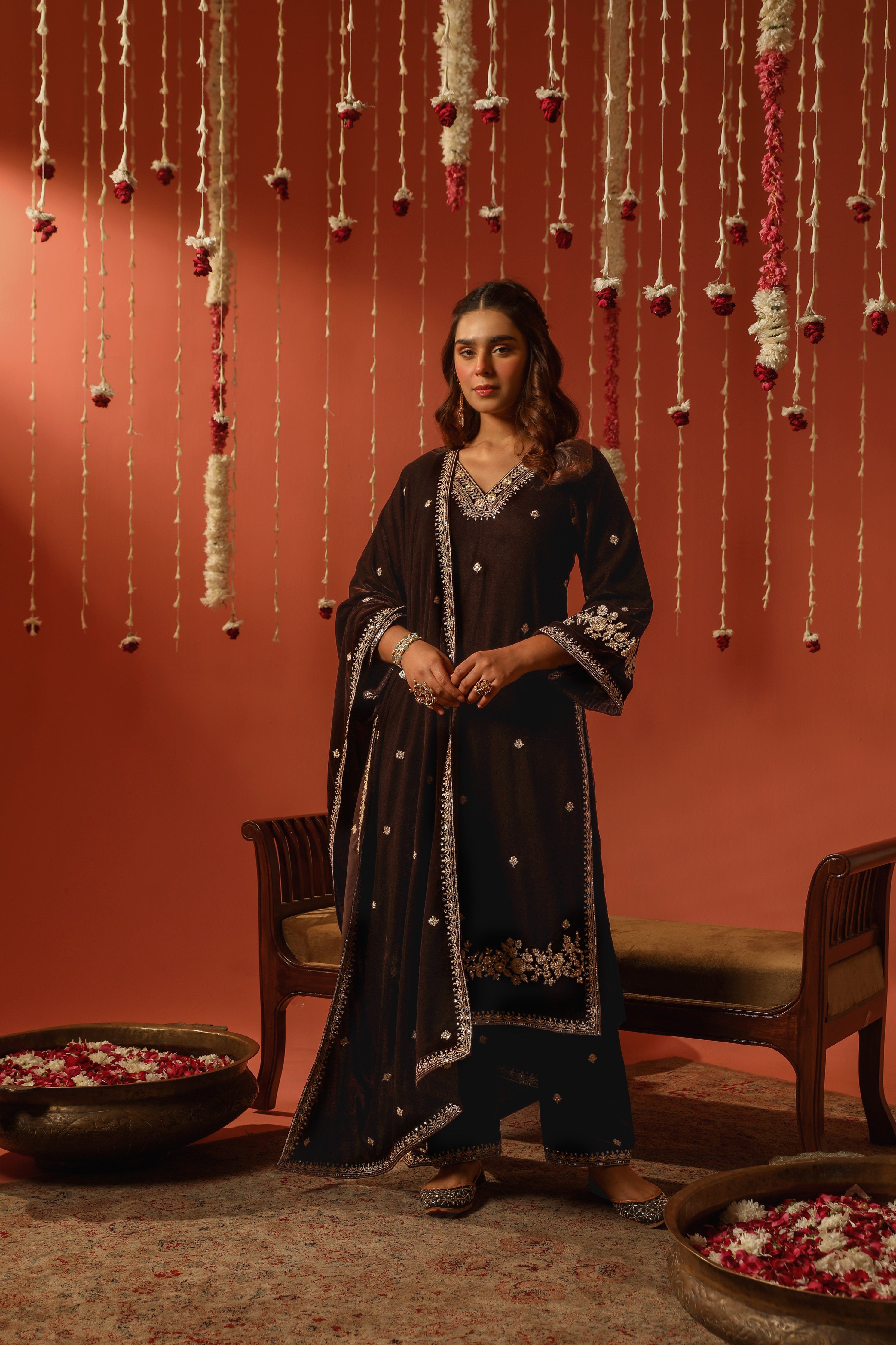 Shreya Lakhani in SWARA - Velvet Brown Straight Suit Set.