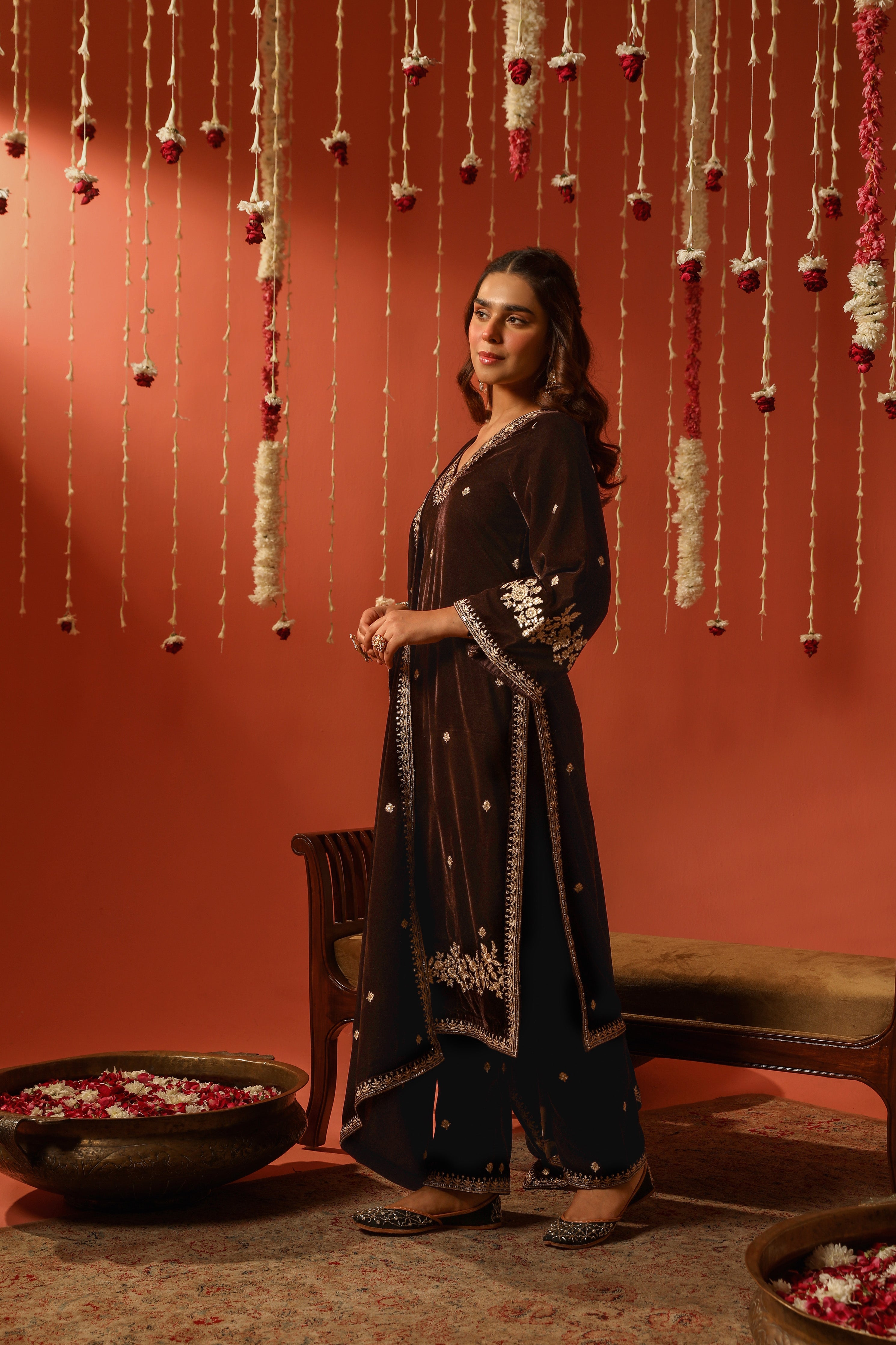Shreya Lakhani in SWARA - Velvet Brown Straight Suit Set.