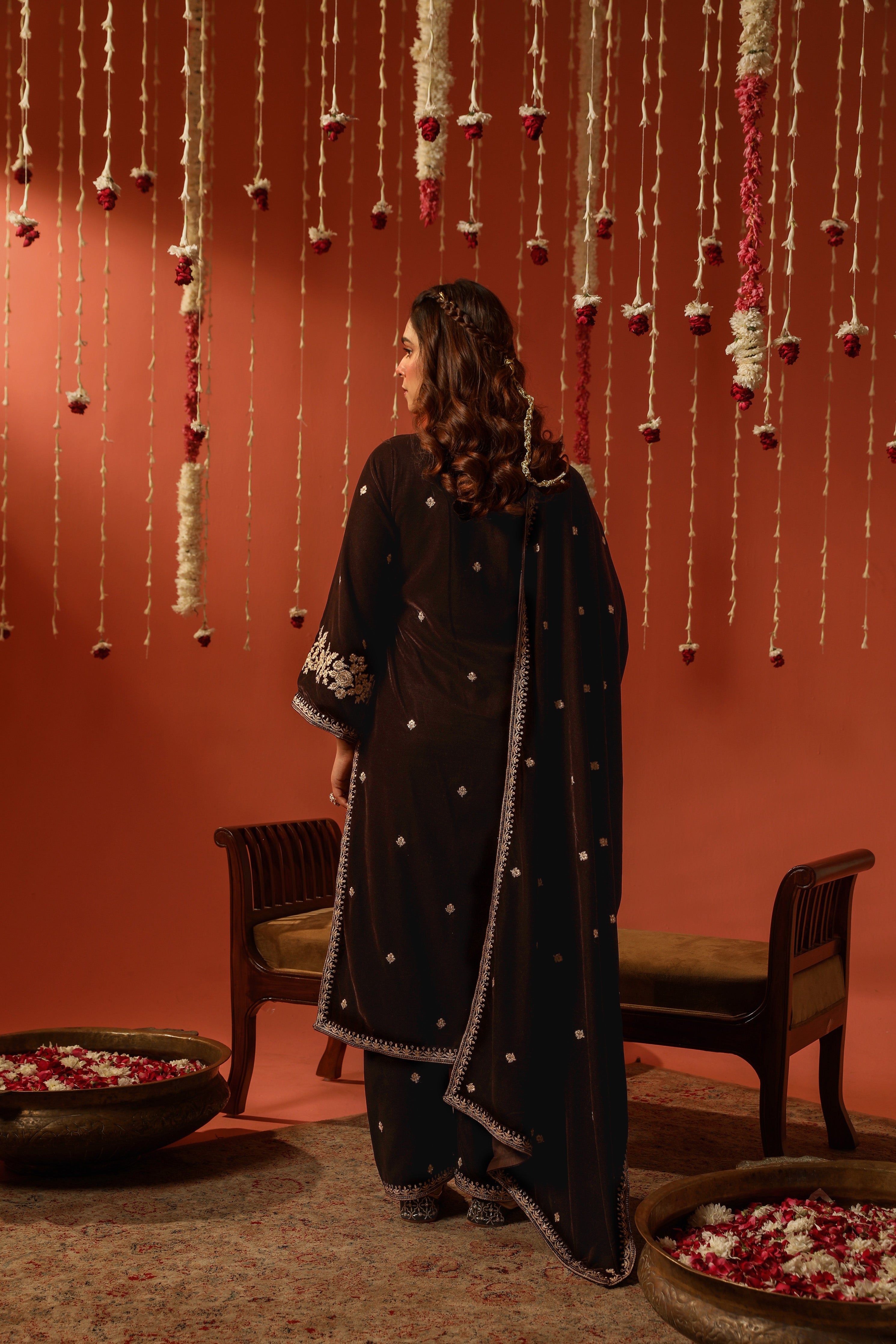 Shreya Lakhani in SWARA - Velvet Brown Straight Suit Set.