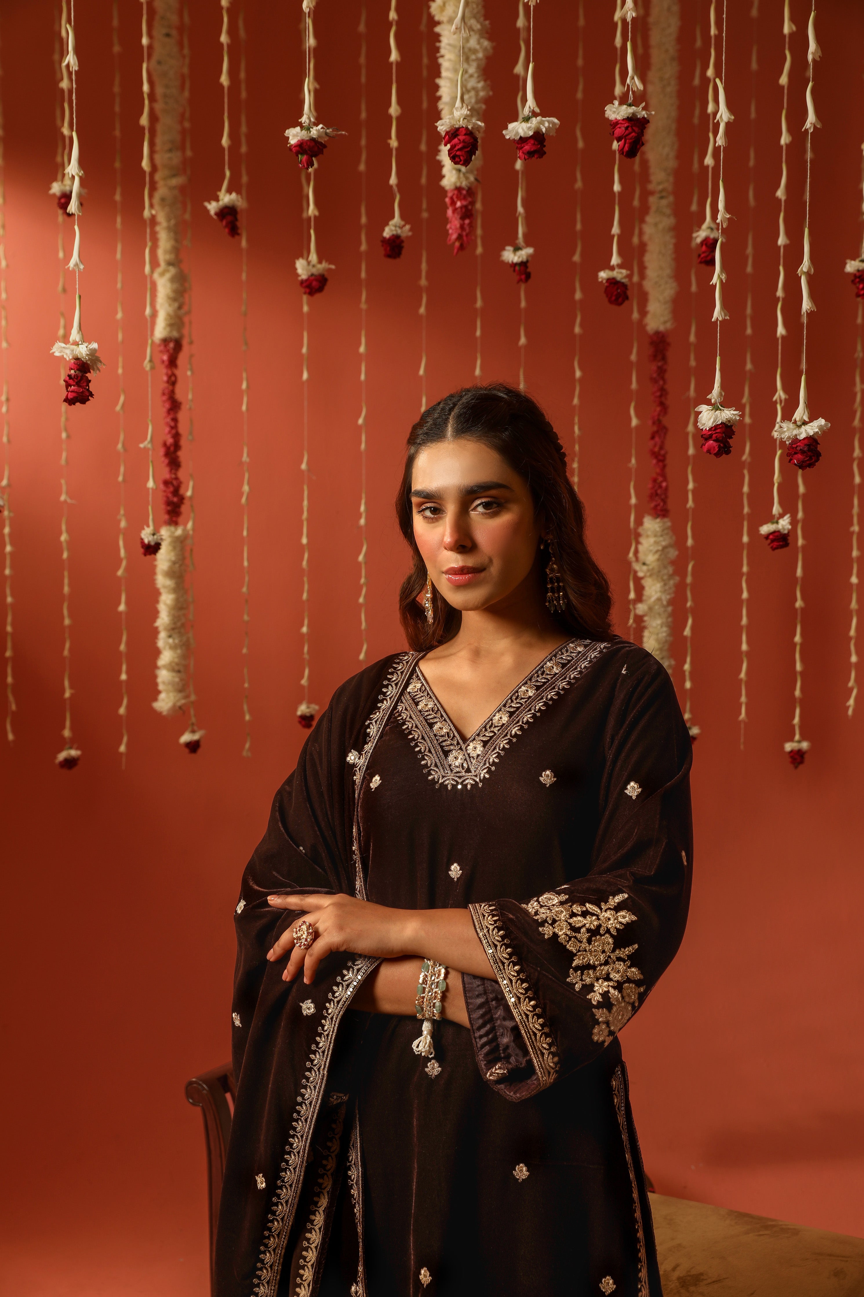 Shreya Lakhani in SWARA - Velvet Brown Straight Suit Set.