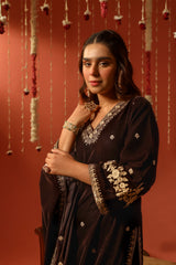 Shreya Lakhani in SWARA - Velvet Brown Straight Suit Set.