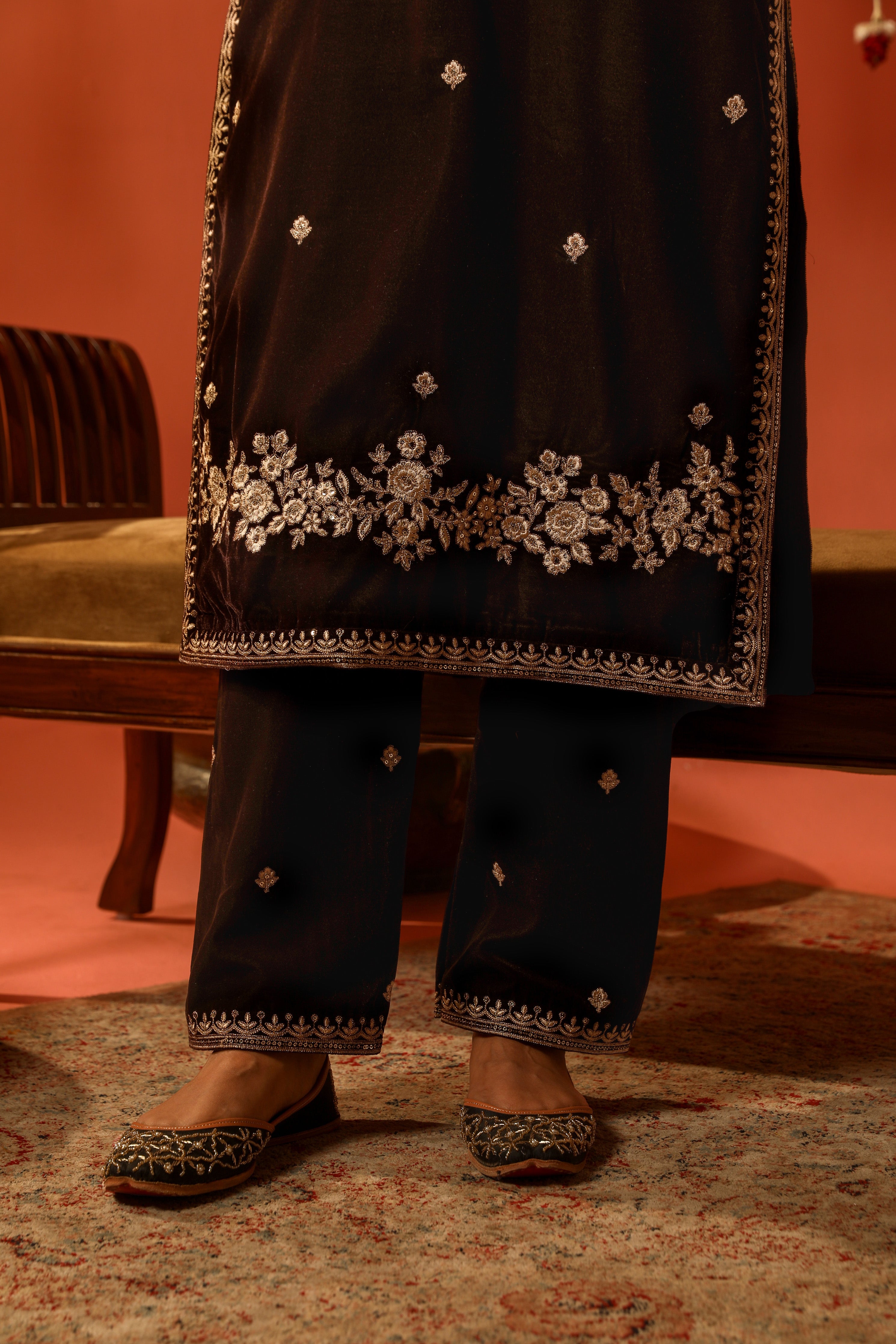 Shreya Lakhani in SWARA - Velvet Brown Straight Suit Set.