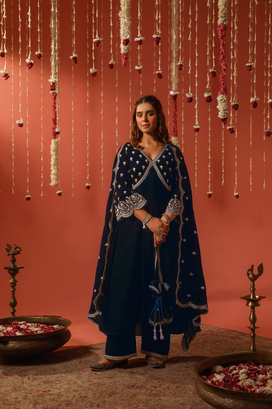 SUR - Velvet Blue Anarkali Set