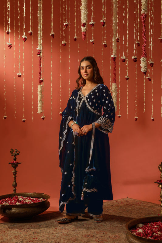 SUR - Velvet Blue Anarkali Set