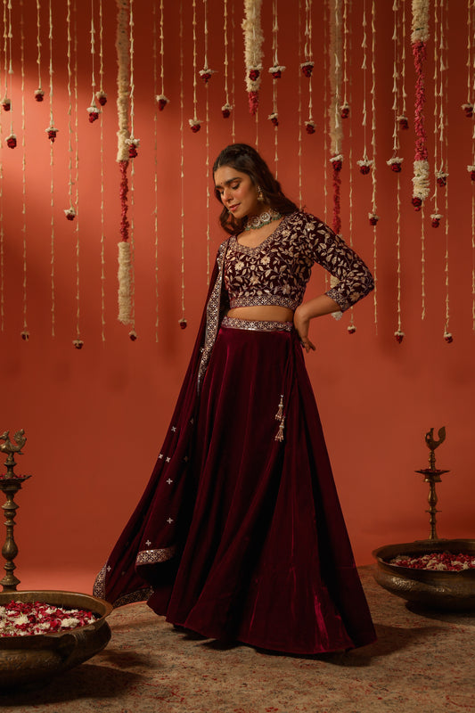 THUMRI - Velvet Maroon Lehenga Set