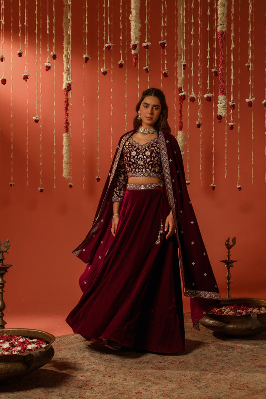 THUMRI - Velvet Maroon Lehenga Set