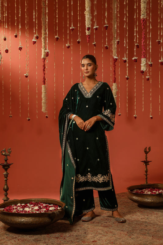 GOONJ - Velvet Green Straight Suit Set.