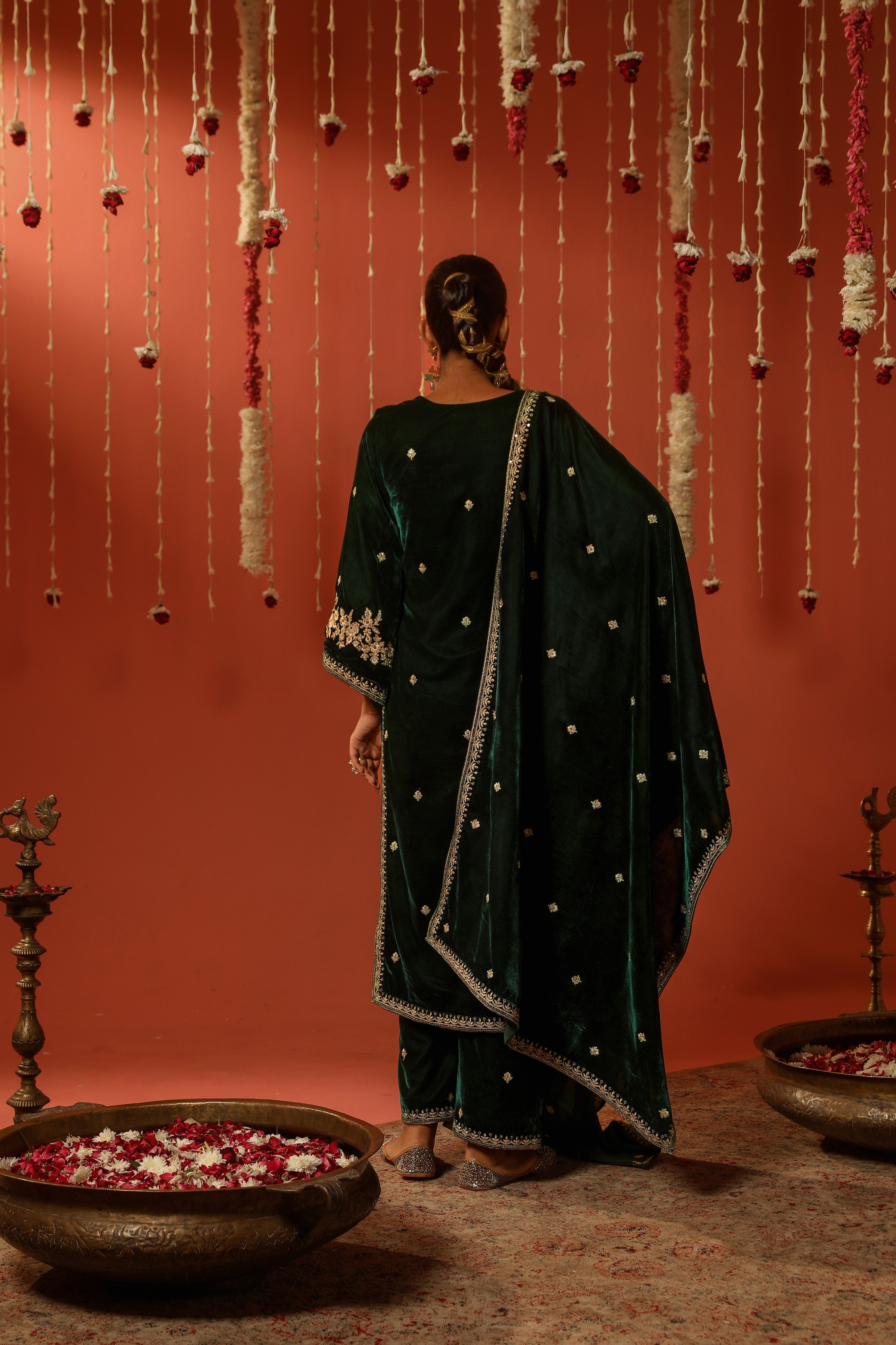 Nikita Chawla in GOONJ - Velvet Green Straight Suit Set.