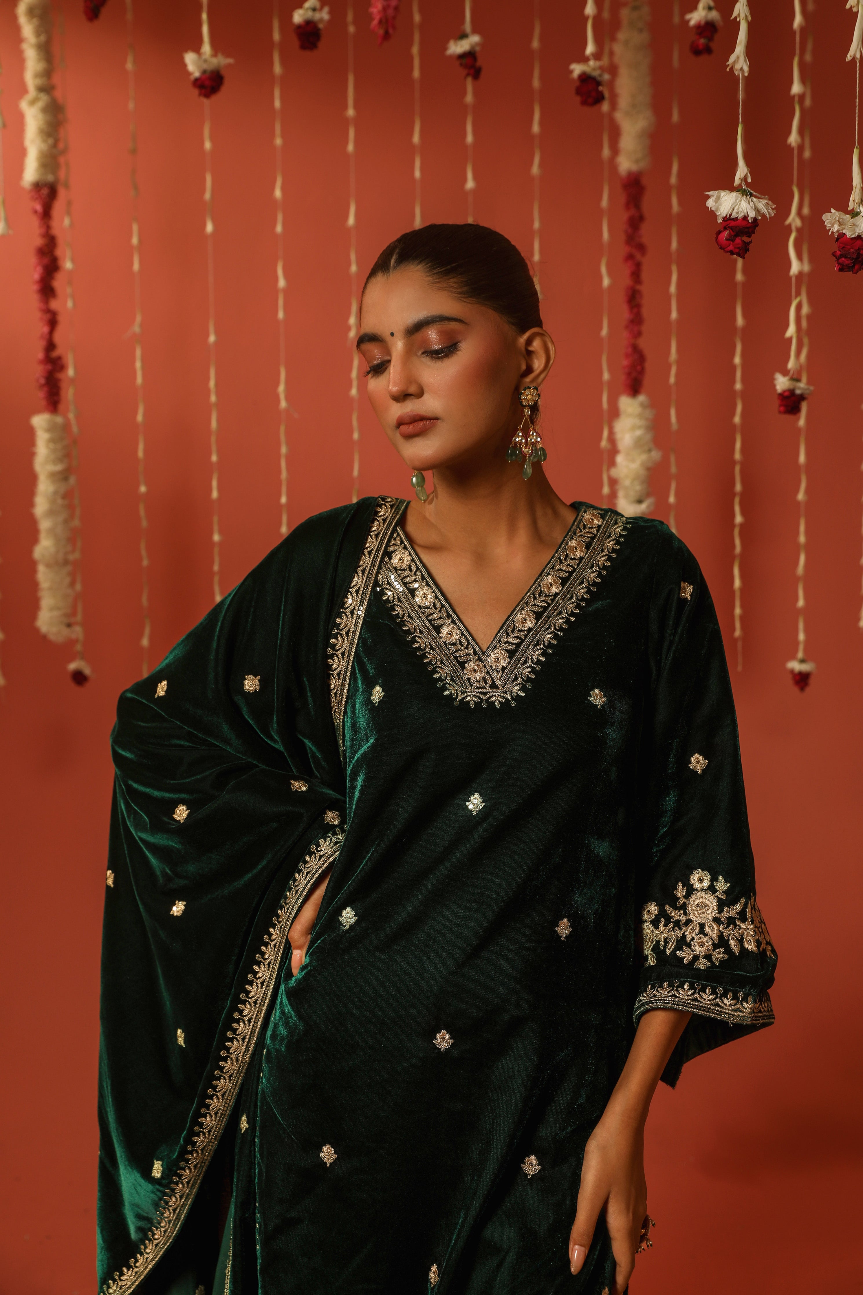 Nikita Chawla in GOONJ - Velvet Green Straight Suit Set.