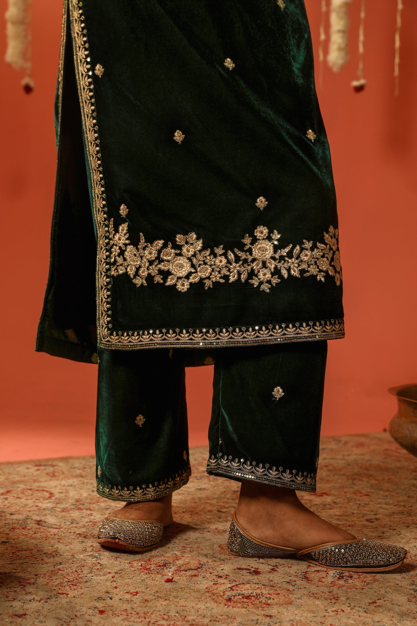 GOONJ - Velvet Green Straight Suit Set.