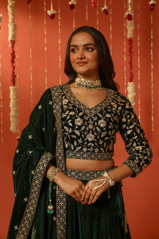 MANTARA - Velvet Green Lehenga Set