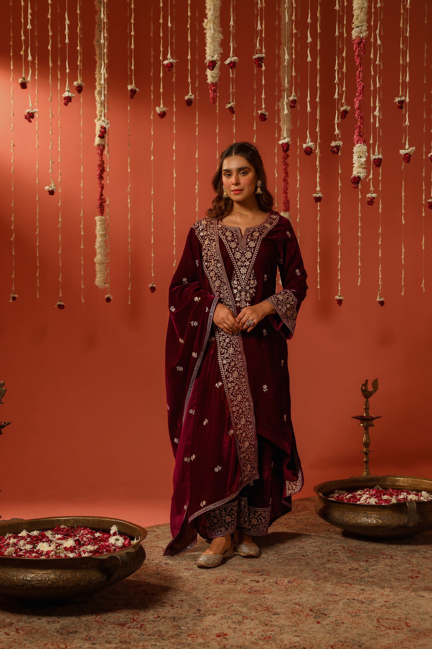 SAAZ - Velvet Maroon Straight Suit Set.