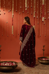 Shiana Kothari in SAAZ - Velvet Maroon Straight Suit Set.