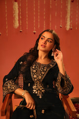 A in RAAG - Velvet Black Straight Suit Set