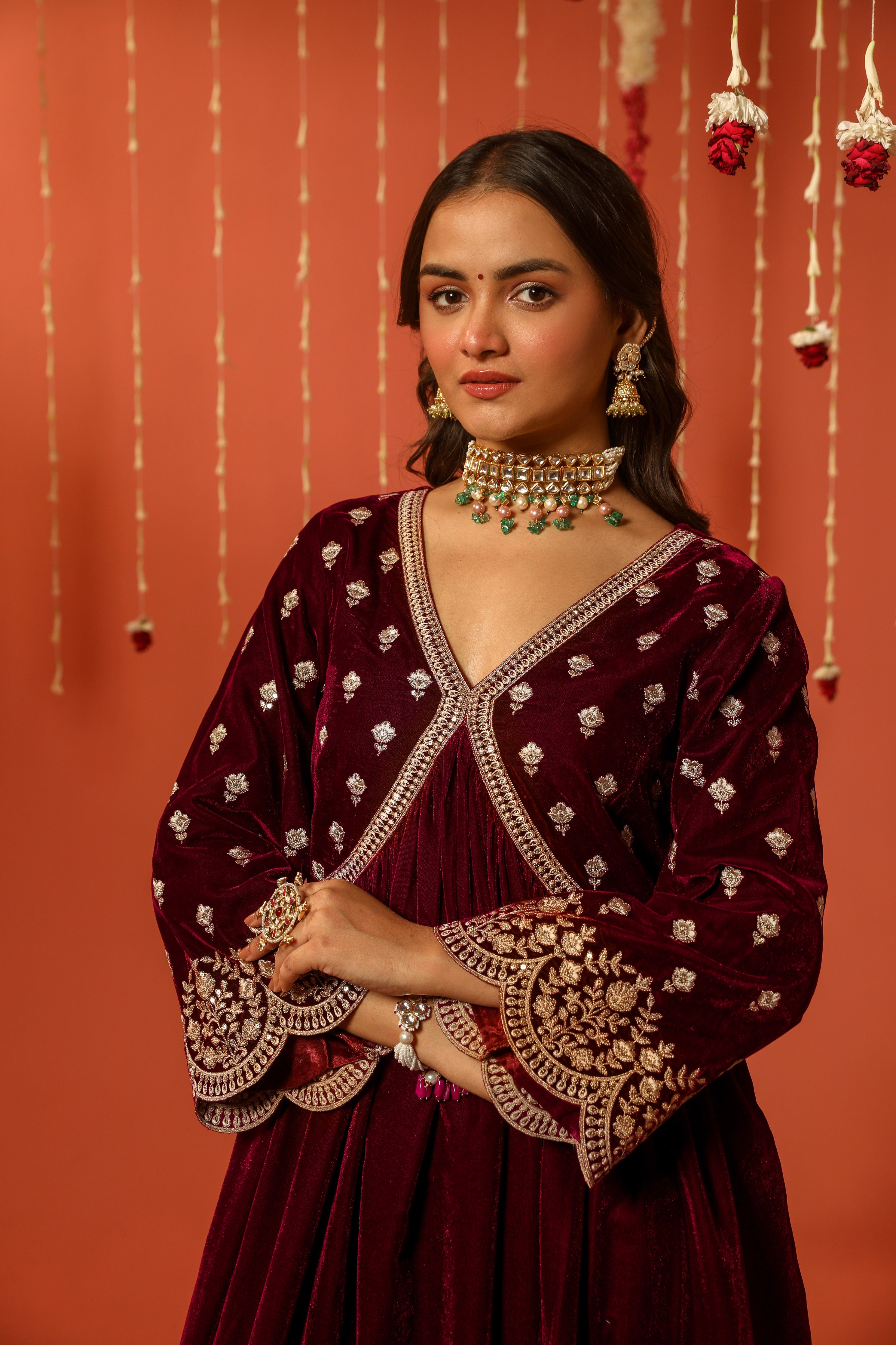 ANTARA Velvet Maroon Anarkali Set Narayani Vastra