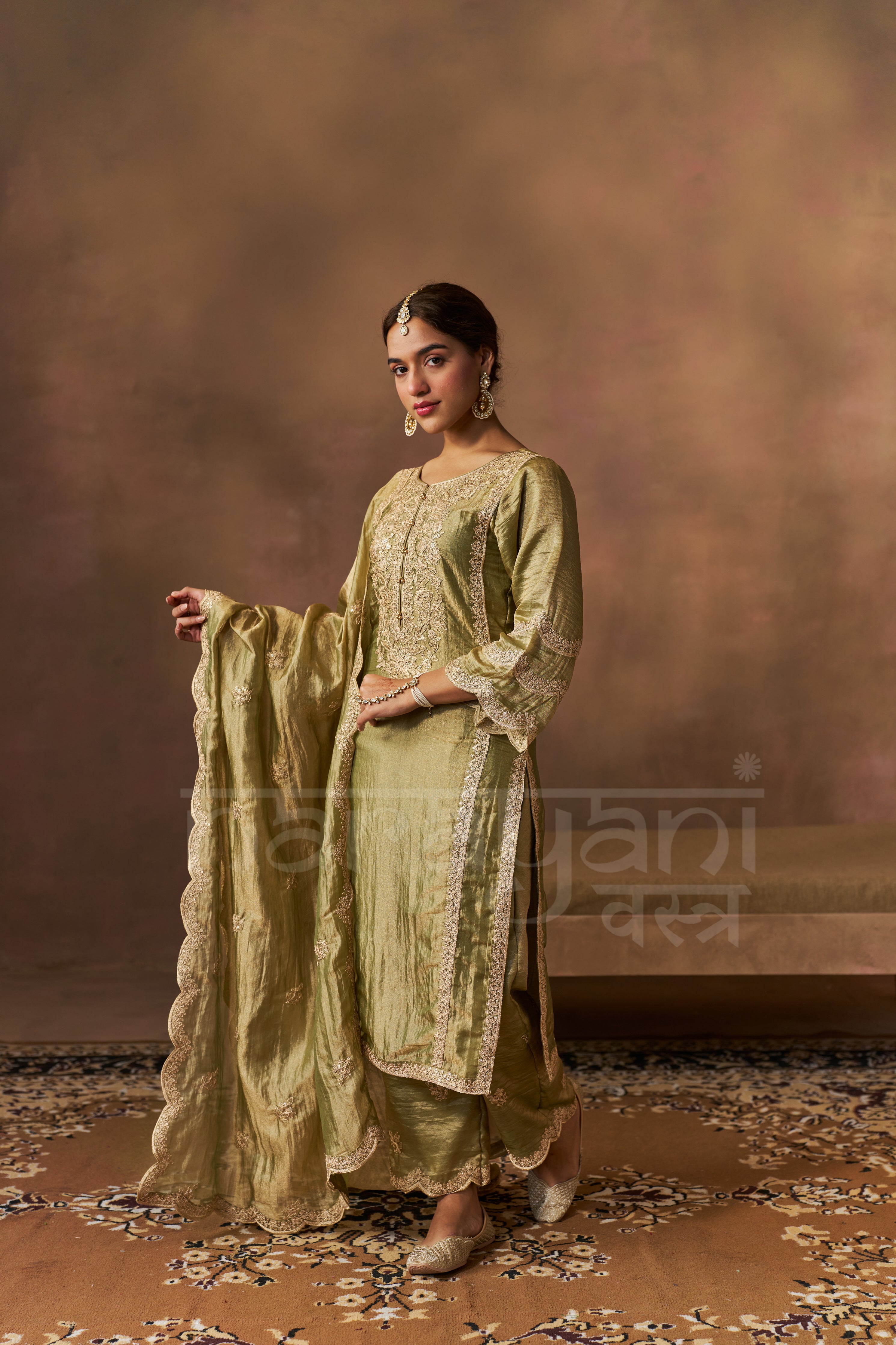 ZOYA - Olive green Tissue-Organza Suit Set