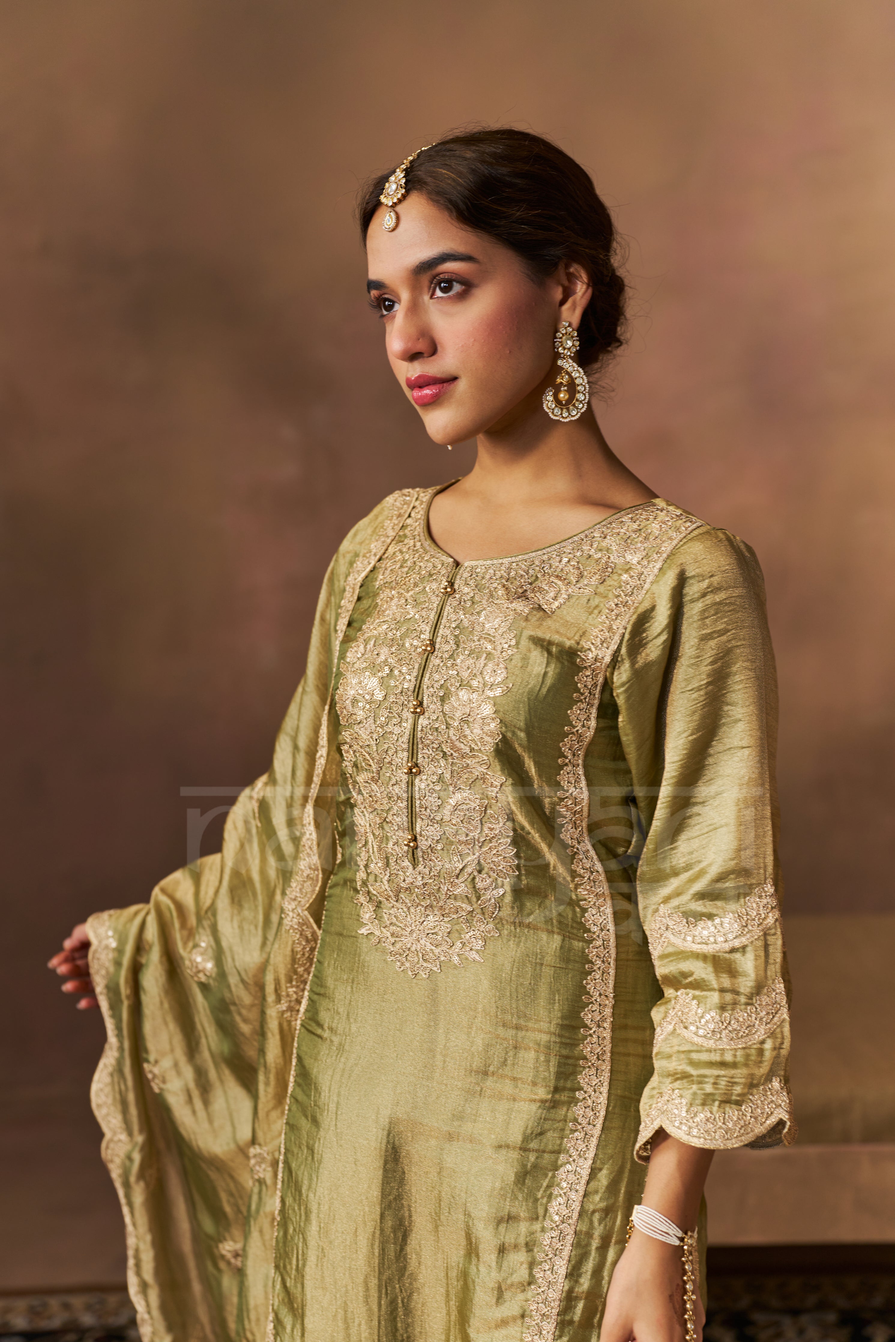 ZOYA - Olive green Tissue-Organza Suit Set