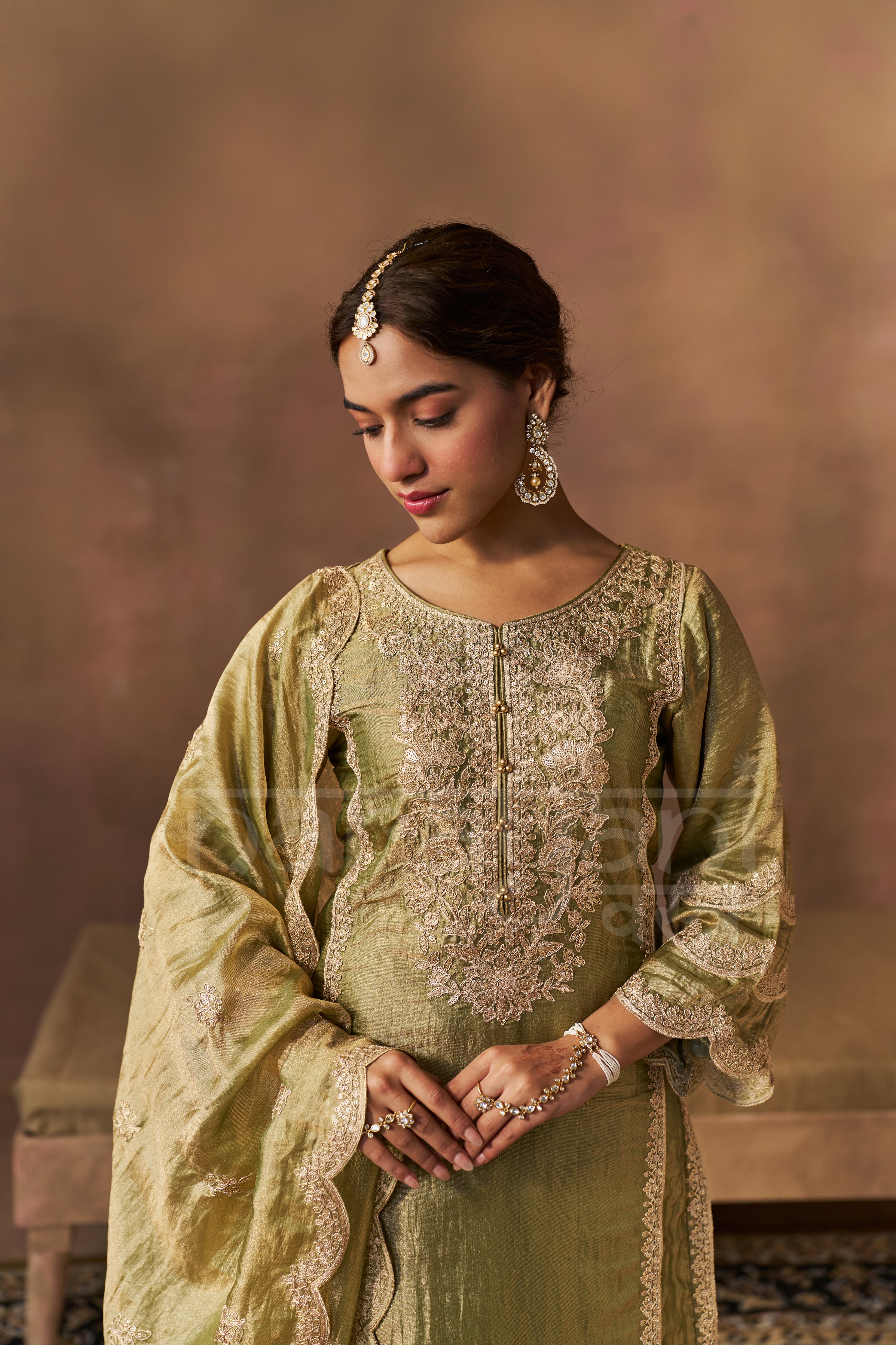 ZOYA - Olive green Tissue-Organza Suit Set
