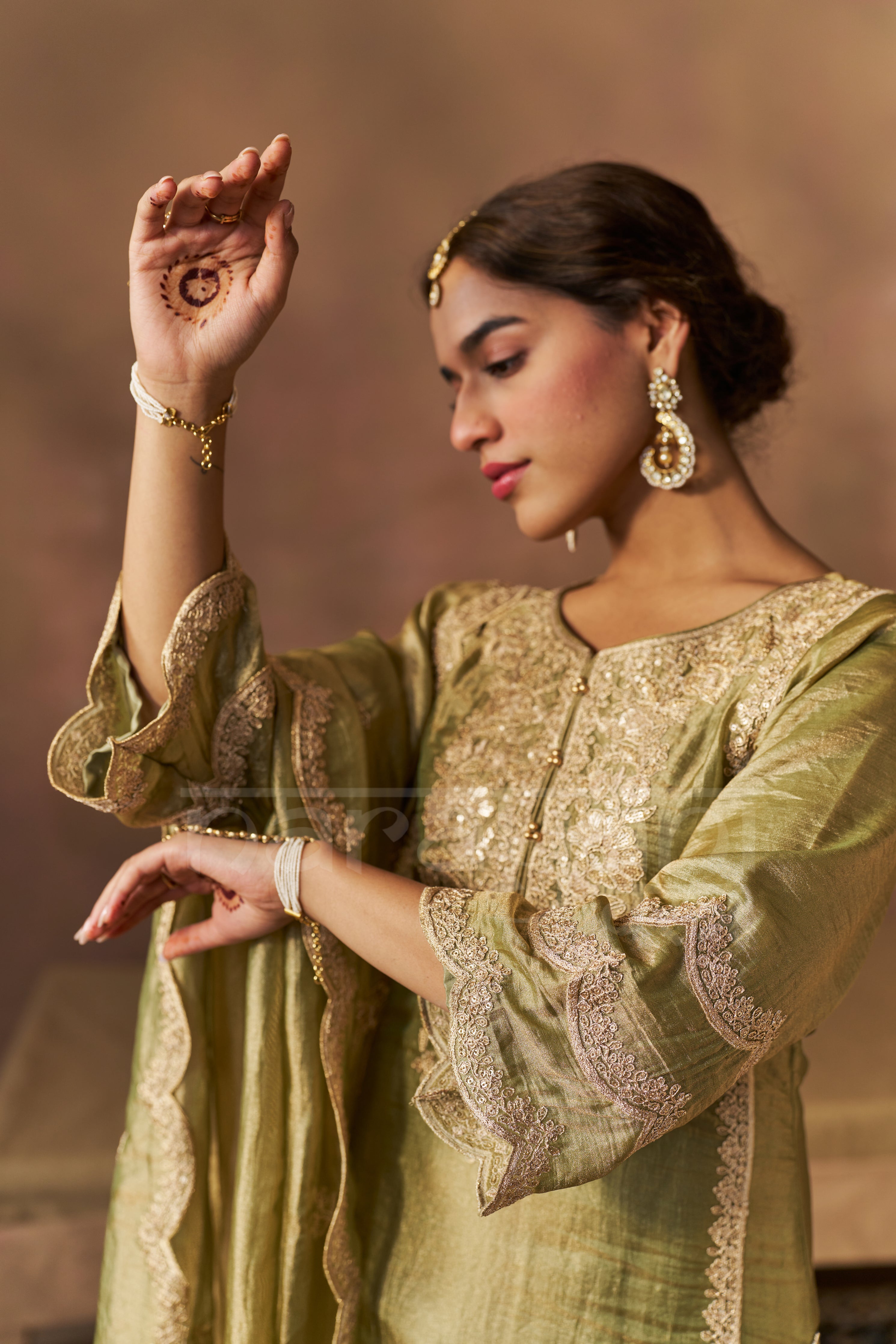 ZOYA - Olive green Tissue-Organza Suit Set