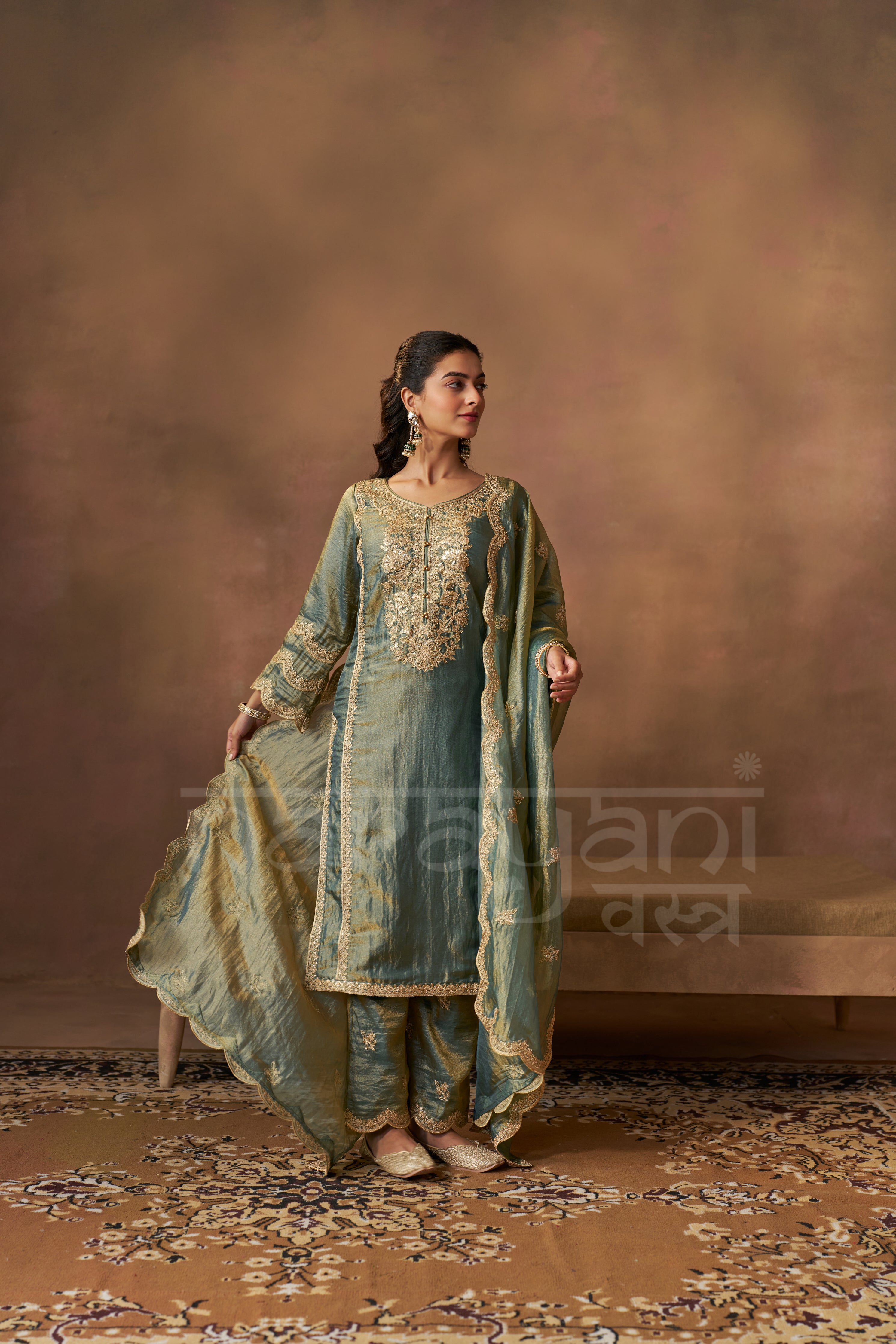 HAYA - Sage Blue Tissue-Organza Suit Set