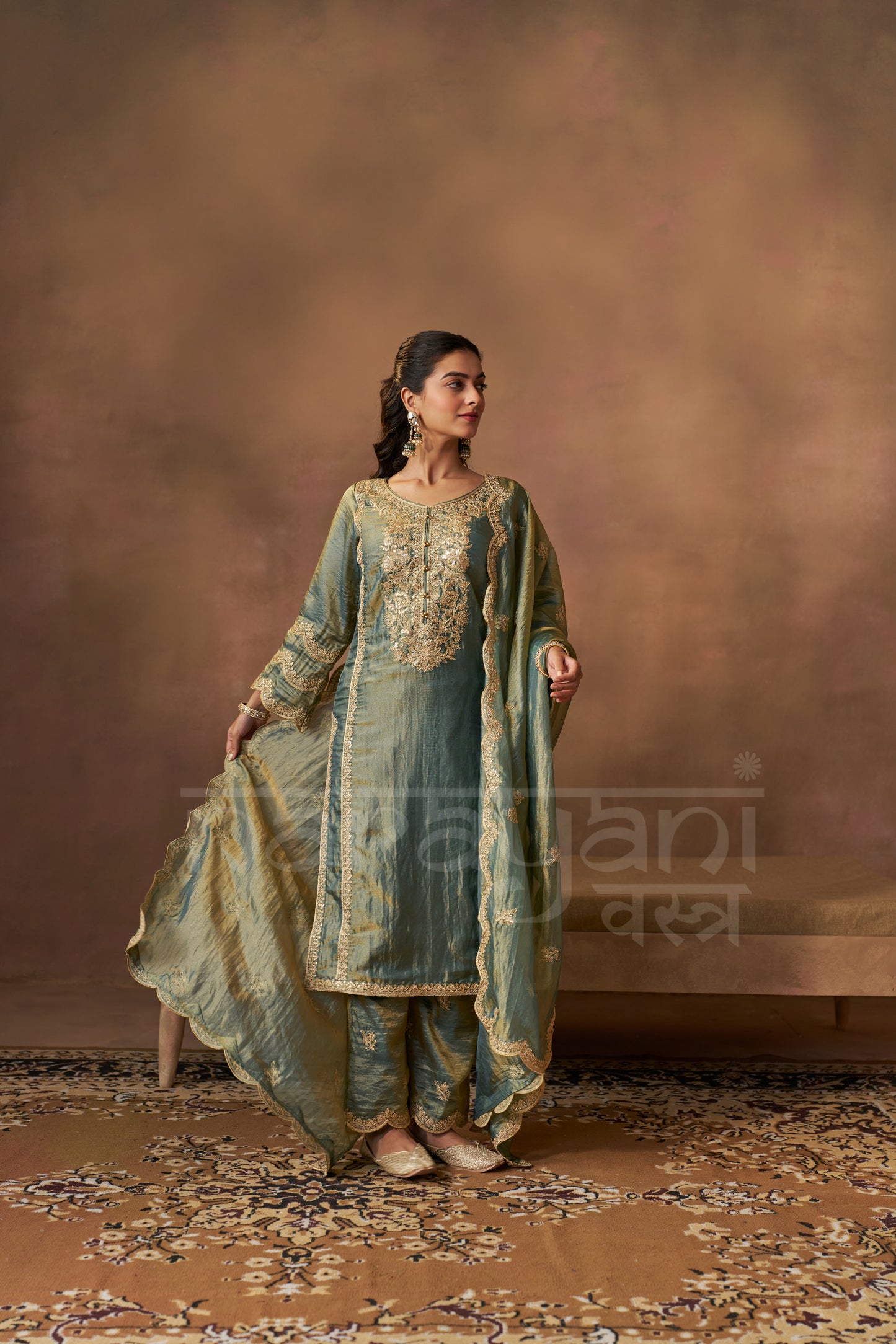 HAYA - Sage Blue Tissue-Organza Suit Set