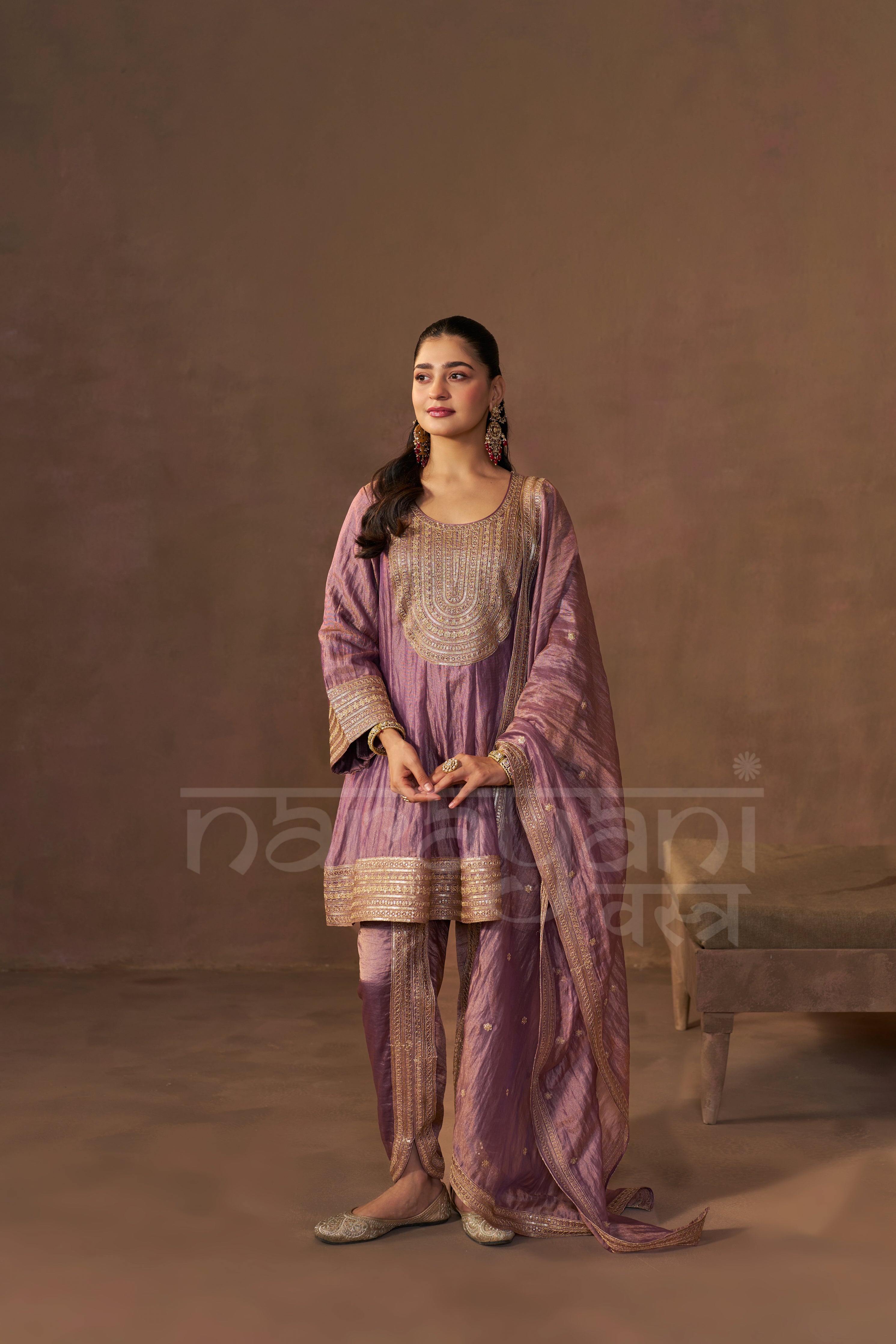 ZAREEN - Antique Mauve Tissue-Organza Anarkali Set.
