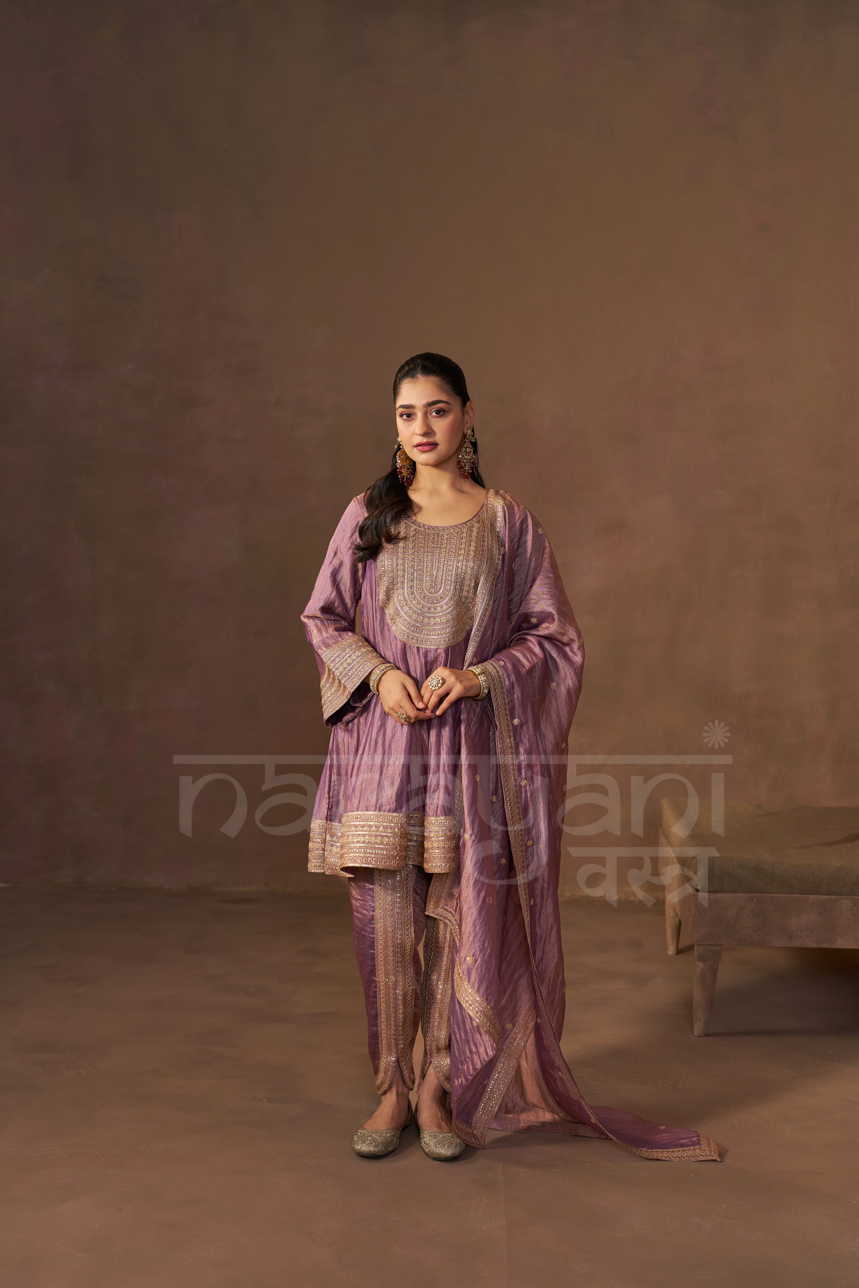 ZAREEN - Antique Mauve Tissue-Organza Anarkali Set.