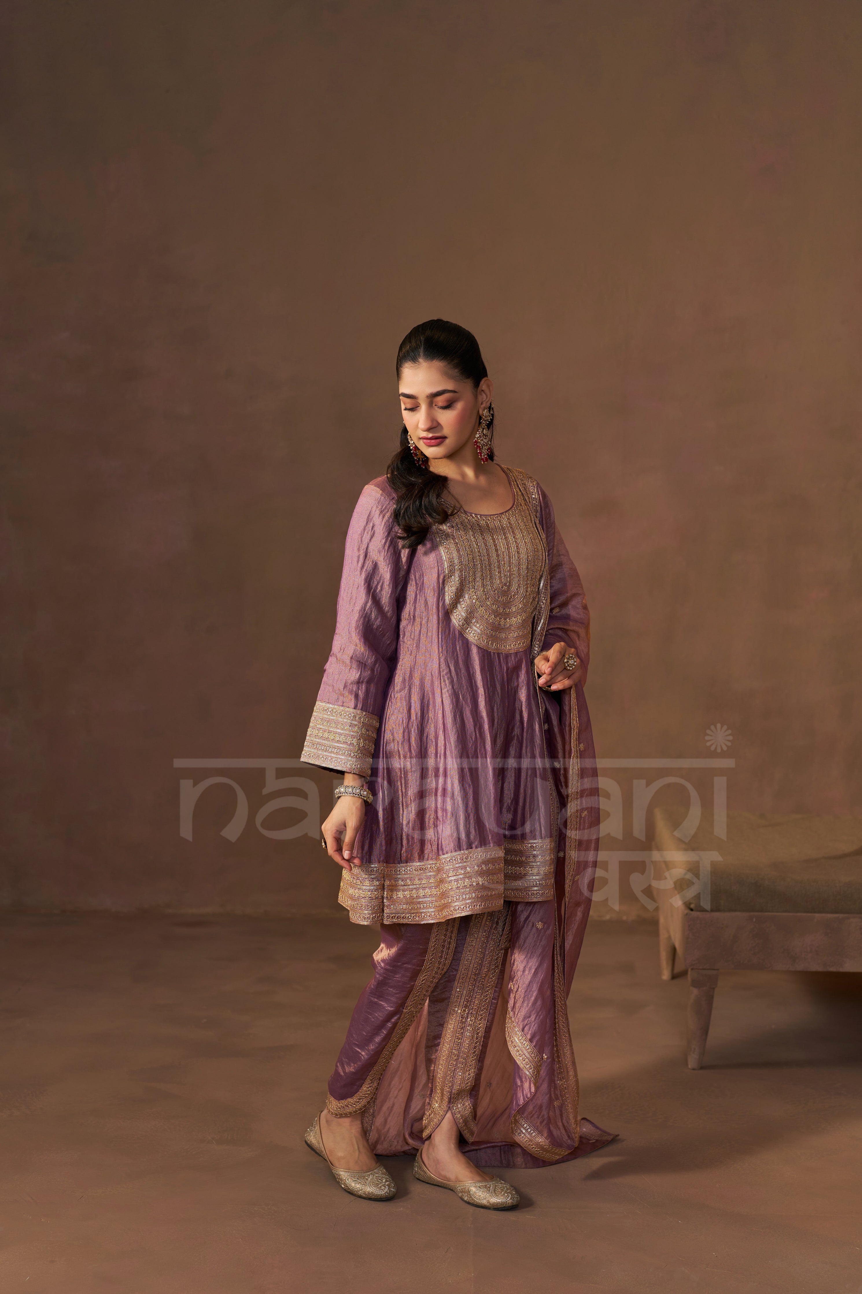 ZAREEN - Antique Mauve Tissue-Organza Anarkali Set.