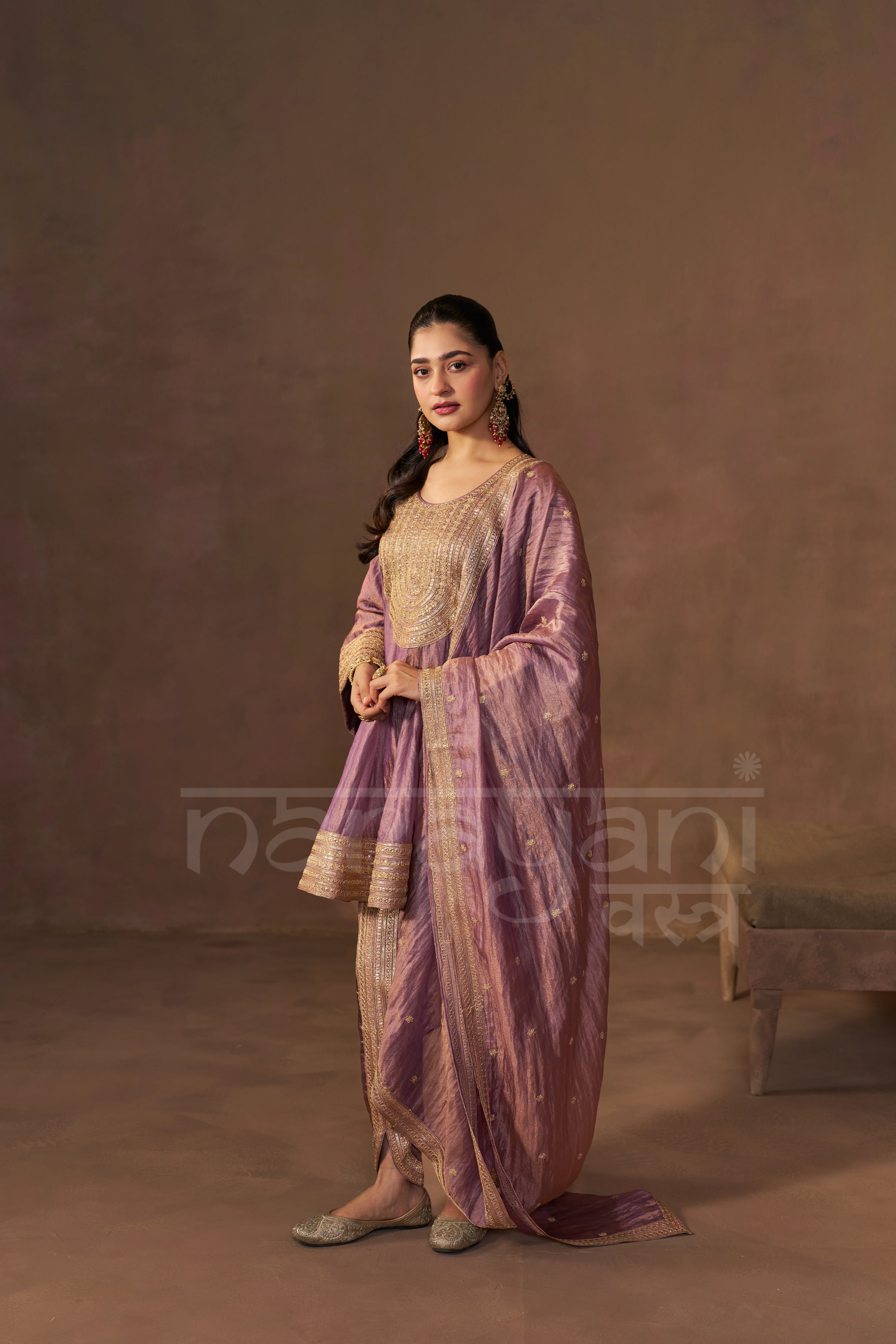ZAREEN - Antique Mauve Tissue-Organza Anarkali Set.