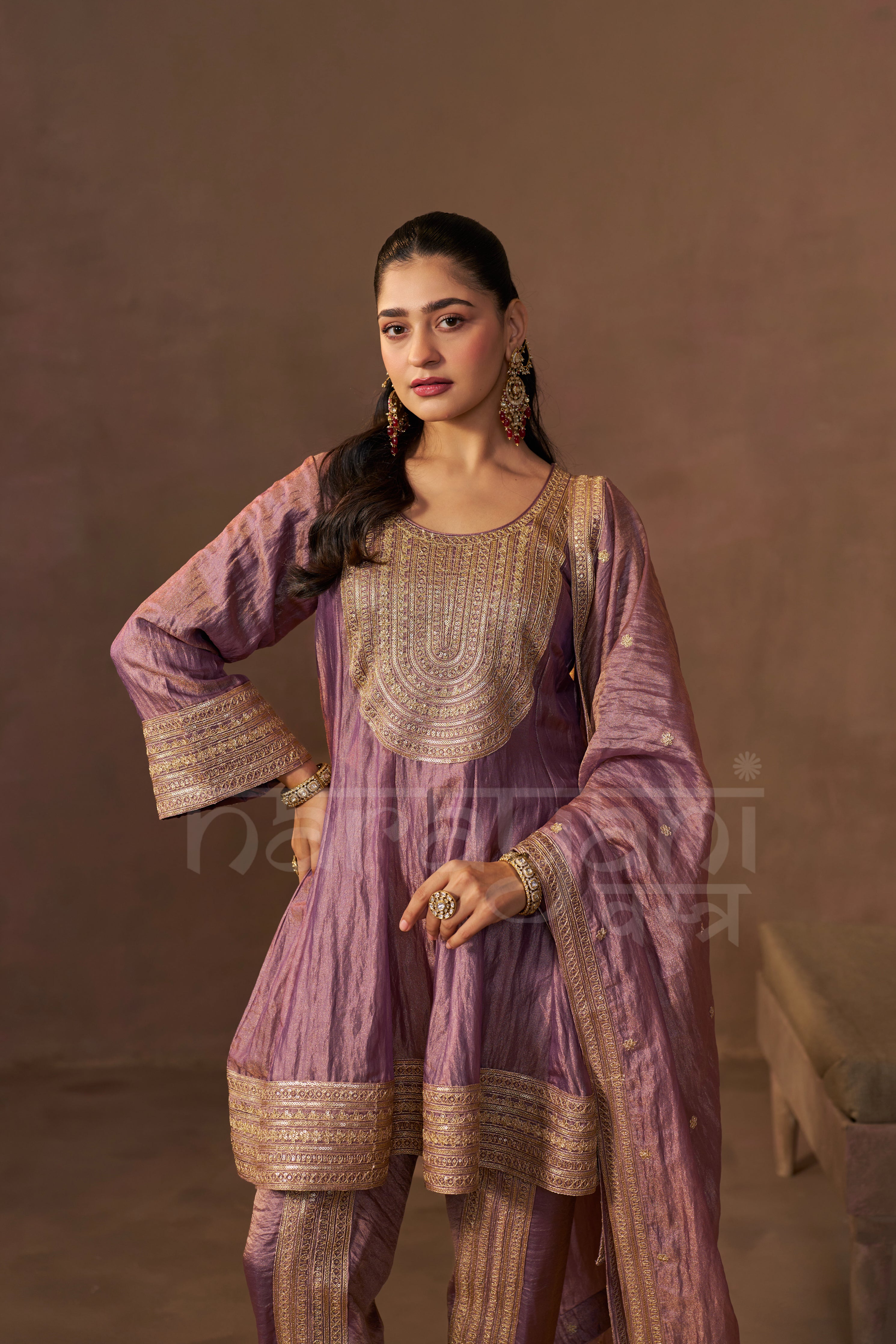 ZAREEN - Antique Mauve Tissue-Organza Anarkali Set.