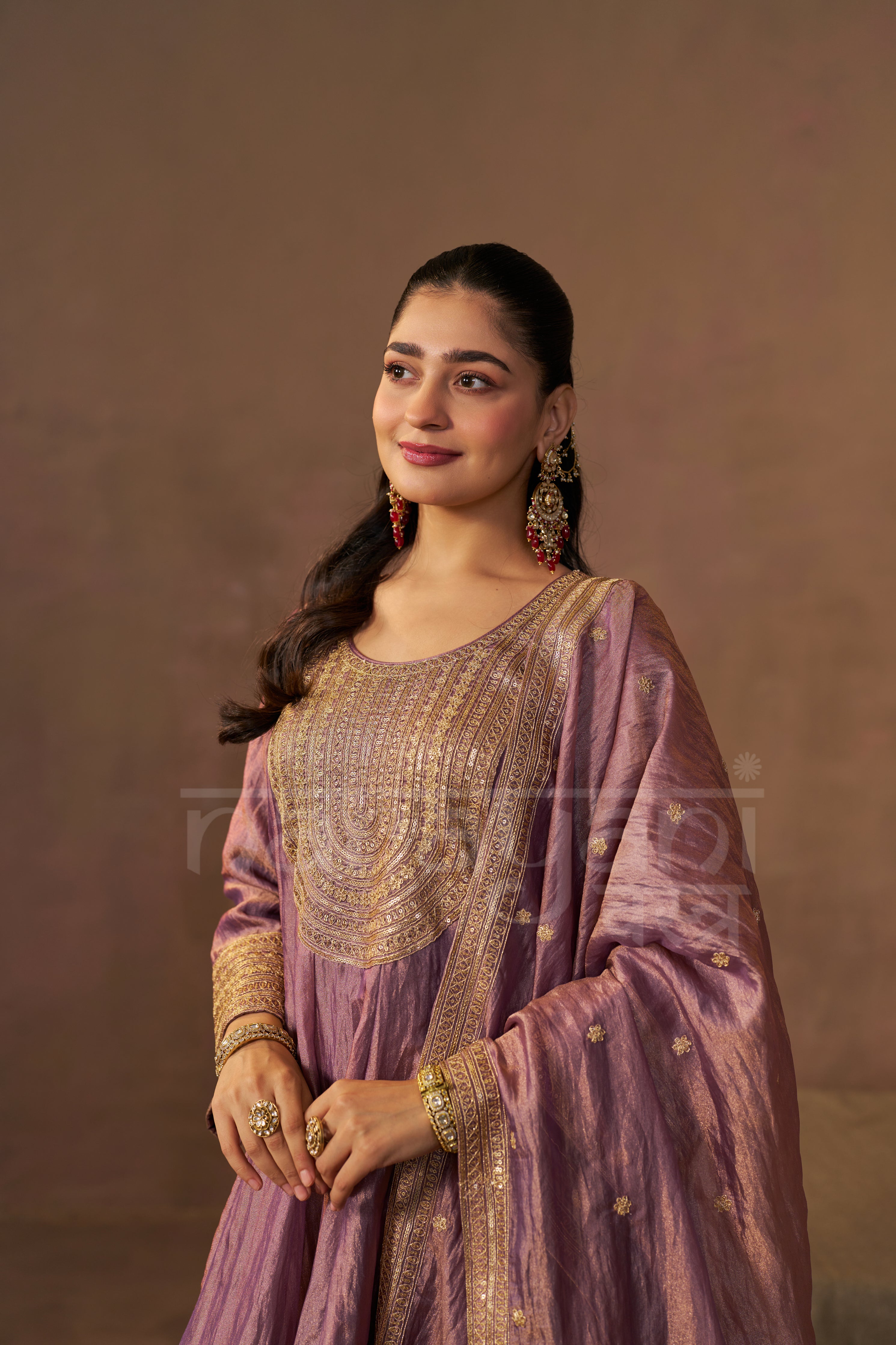 ZAREEN - Antique Mauve Tissue-Organza Anarkali Set.