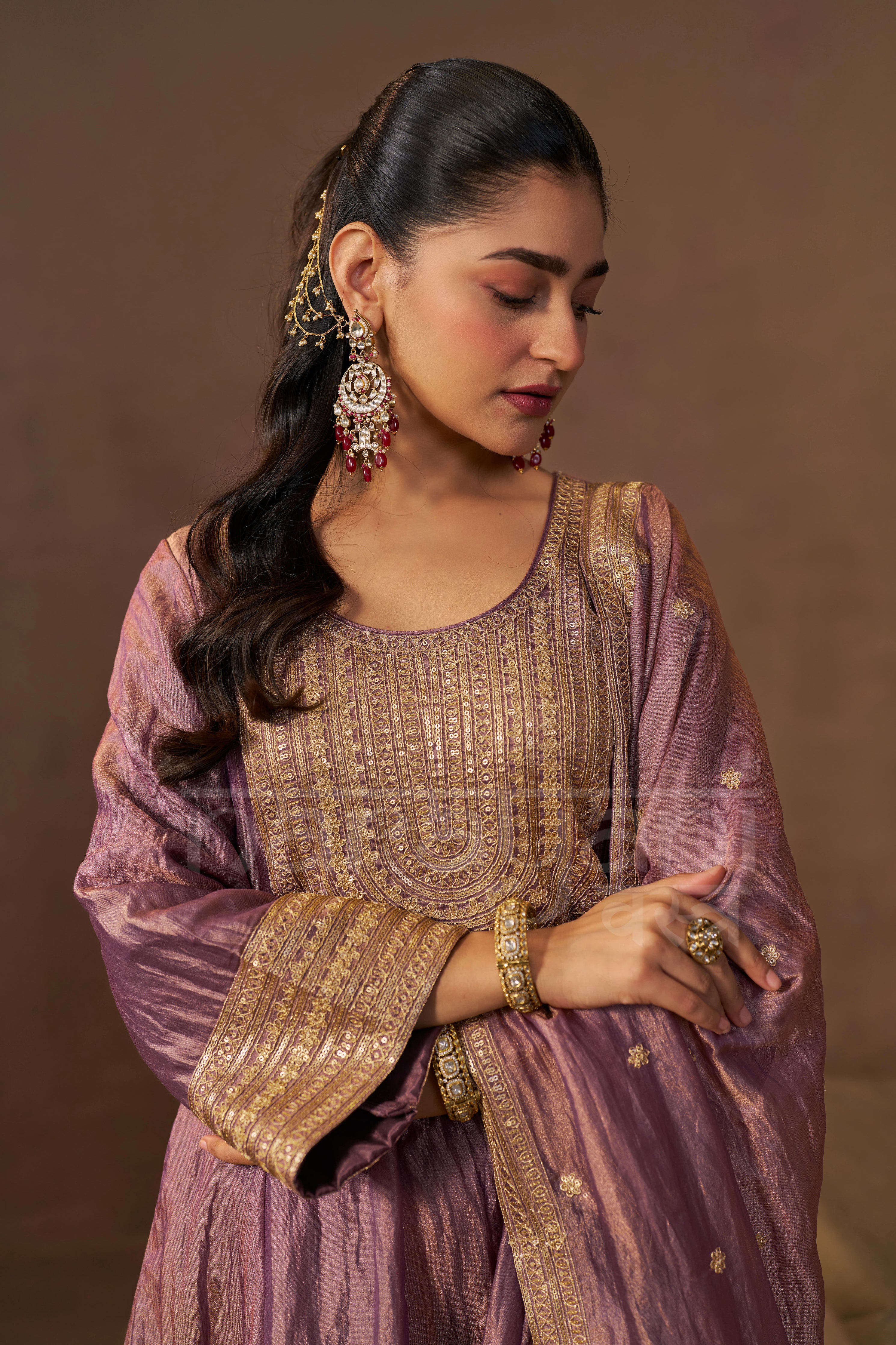 ZAREEN - Antique Mauve Tissue-Organza Anarkali Set.