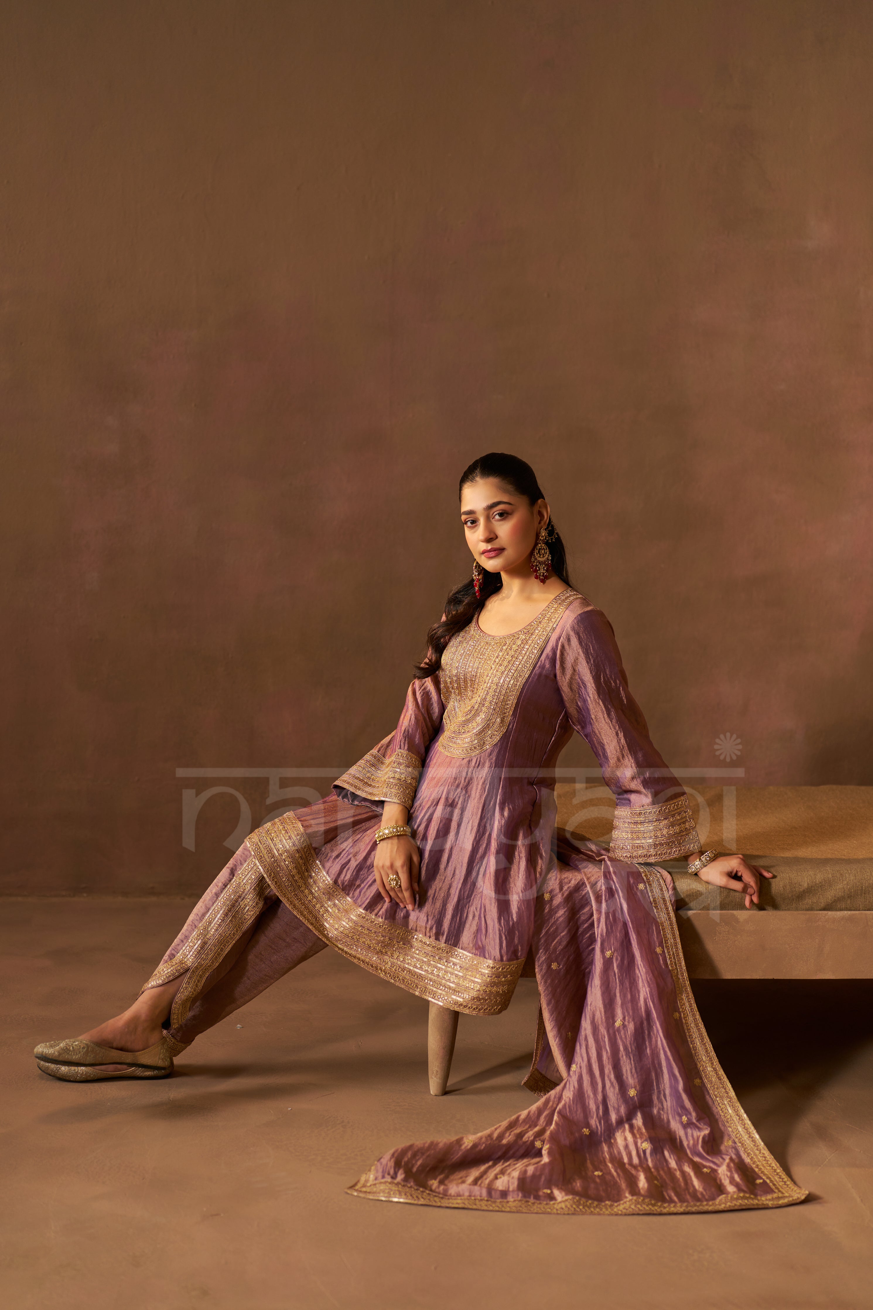 ZAREEN - Antique Mauve Tissue-Organza Anarkali Set.